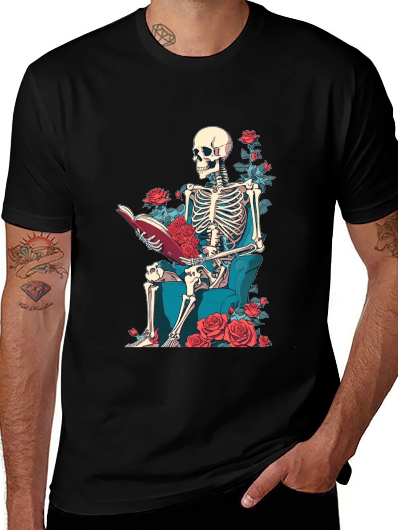 Variant 26 of Skeleton Reading Roses T-Shirt - Artistic Design