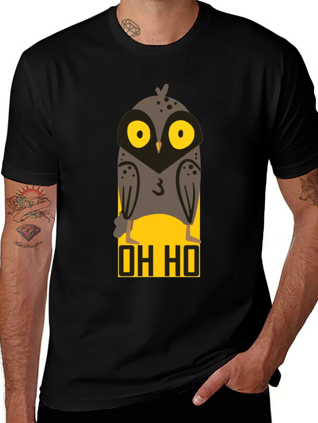 Variant 7 of OH HO Owl Graphic T-Shirt - Black Cotton Tee