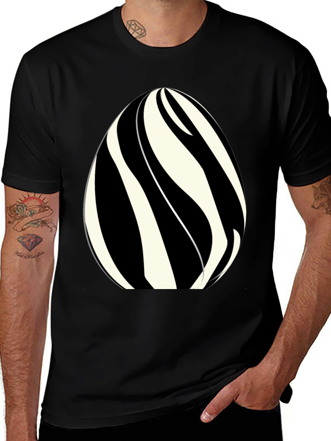 Variant 17 of Striped Egg Graphic Tee - Modern Men's Black T-Shirt