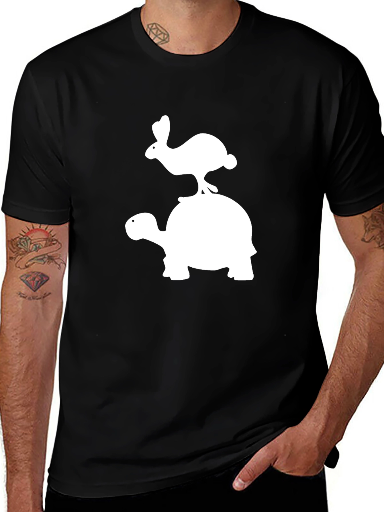 Variant 16 of Rabbit Riding Turtle Graphic Tee - Black Cotton Blend