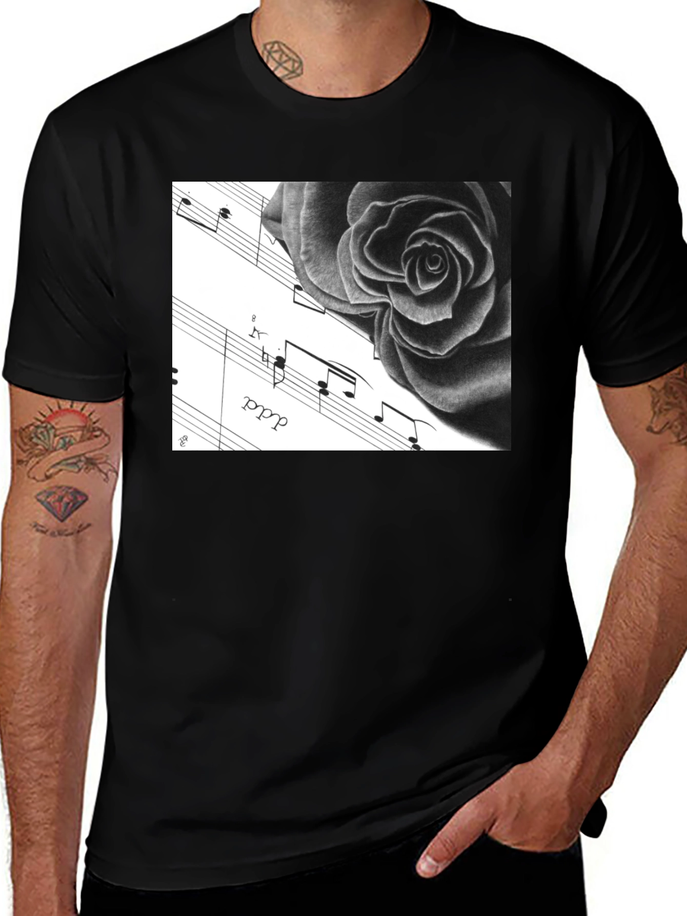 Rose & Music Graphic Black T-Shirt