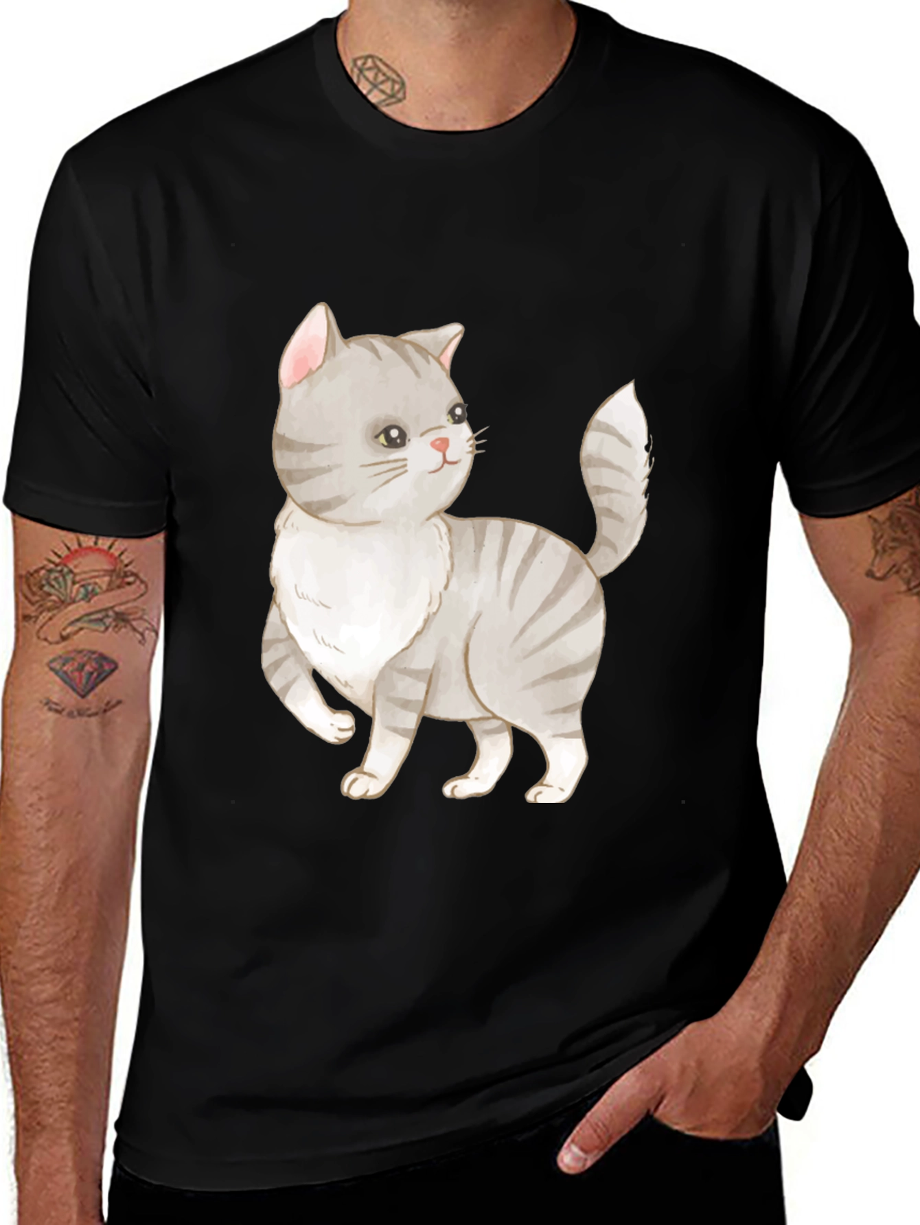 Variant 20 of Cute Cat Graphic Tee - Black Cotton T-Shirt