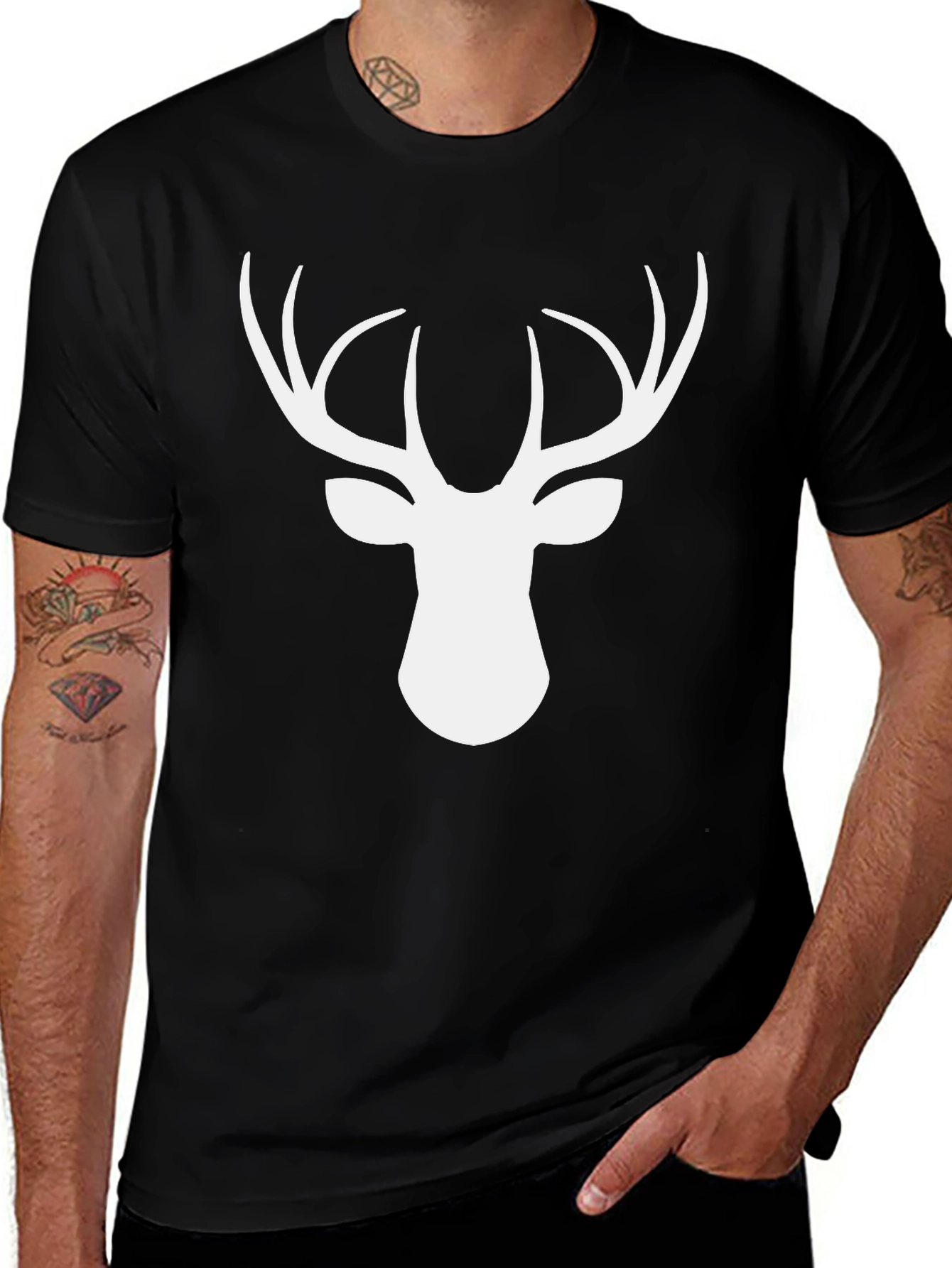 Variant 21 of Men's Black T-Shirt with White Deer Silhouette