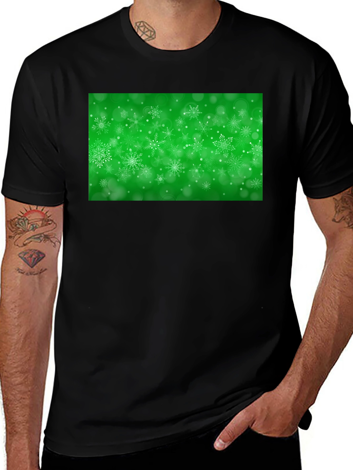 Black Snowflake Festive Green Holiday T-Shirt main image