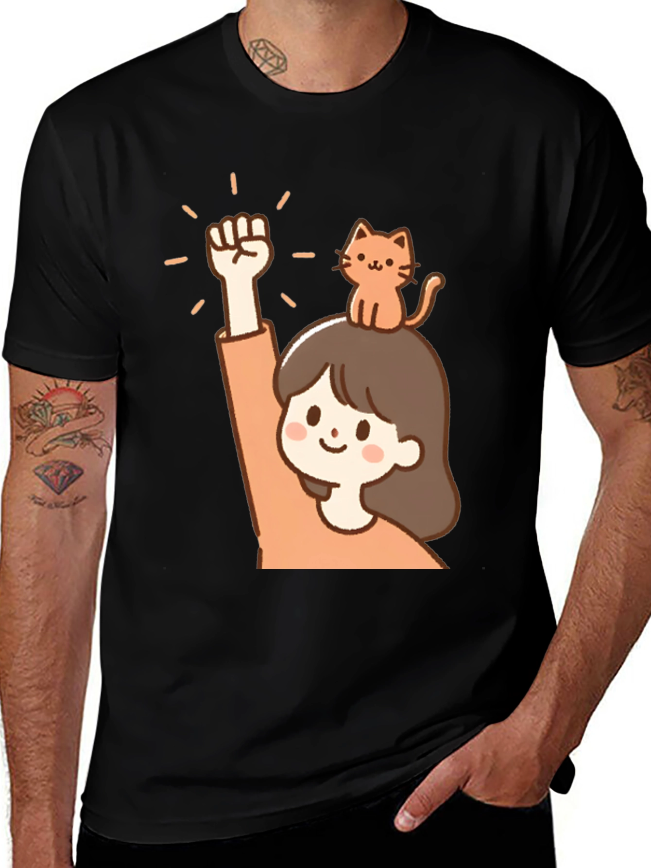 Variant 13 of Girl Power Cat Tee - Black Graphic T-Shirt