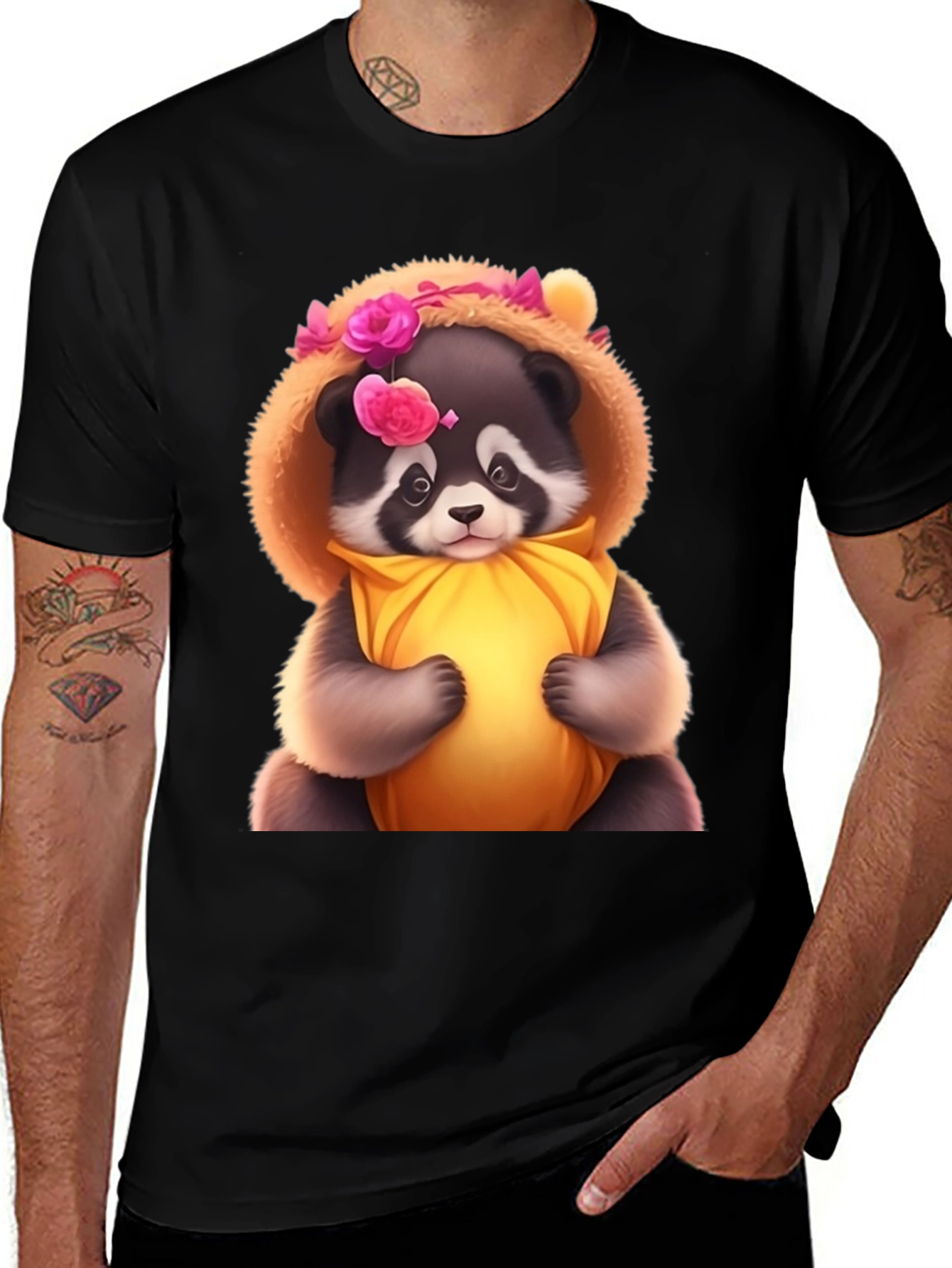 Variant 22 of Cute Raccoon in Floral Hood T-Shirt