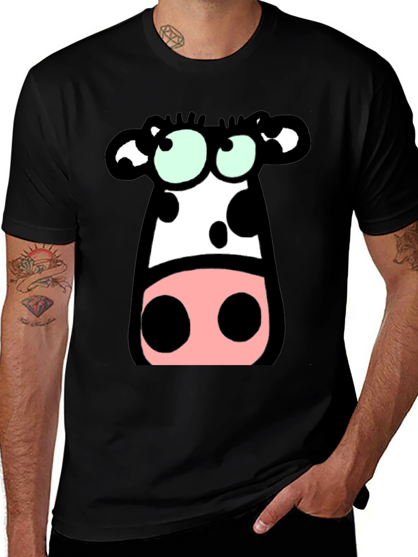 Variant 5 of Cartoon Cow Graphic Tee - Black Cotton T-Shirt