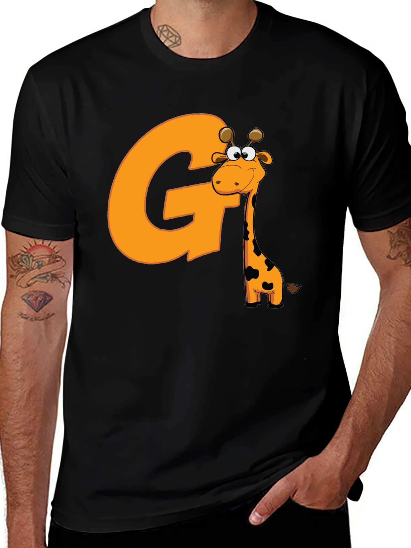 Variant 17 of Fun Giraffe Initial 'G' Black T-Shirt
