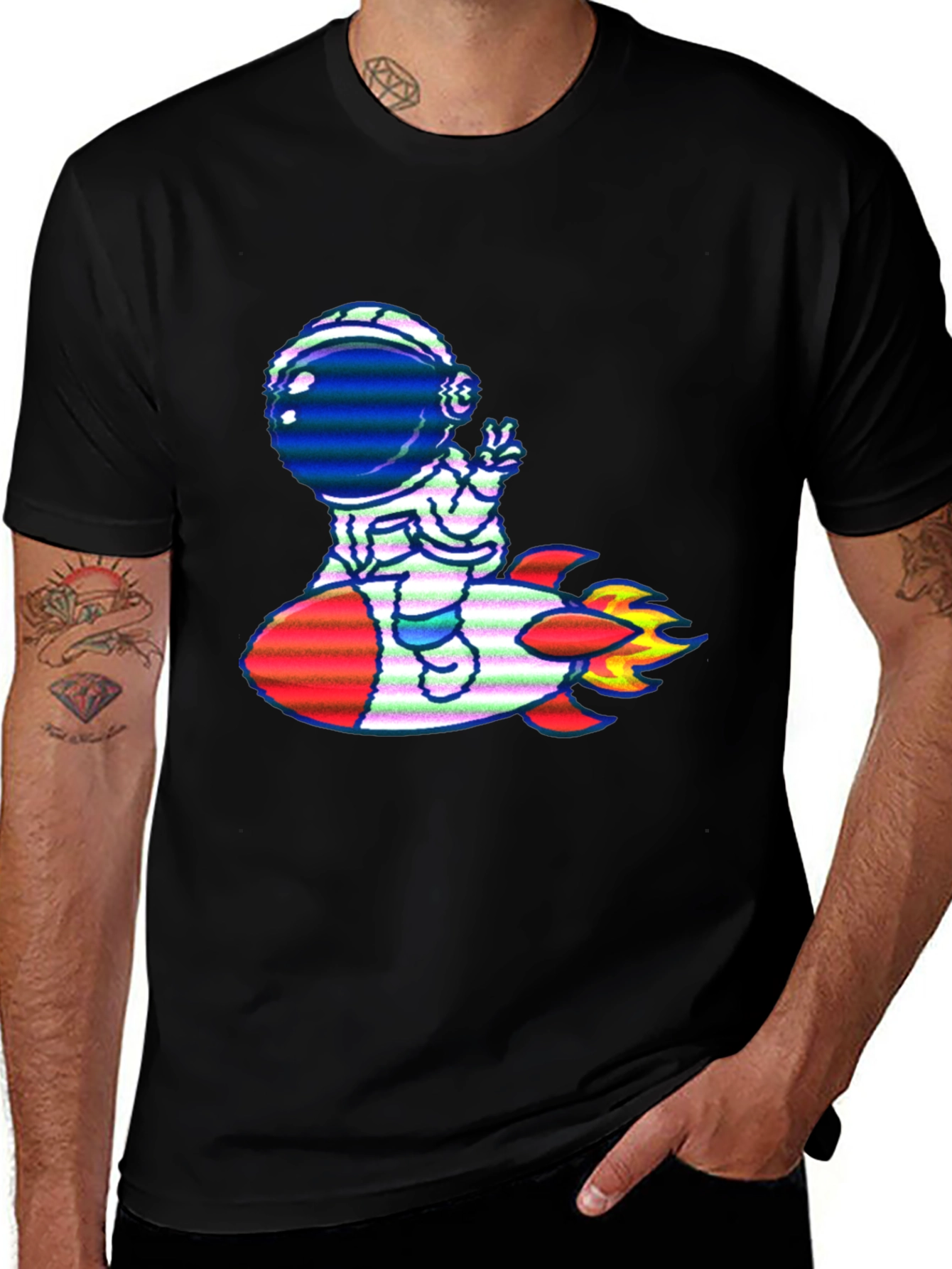 Variant 13 of Astronaut Rocket T-Shirt - Black Cotton Tee