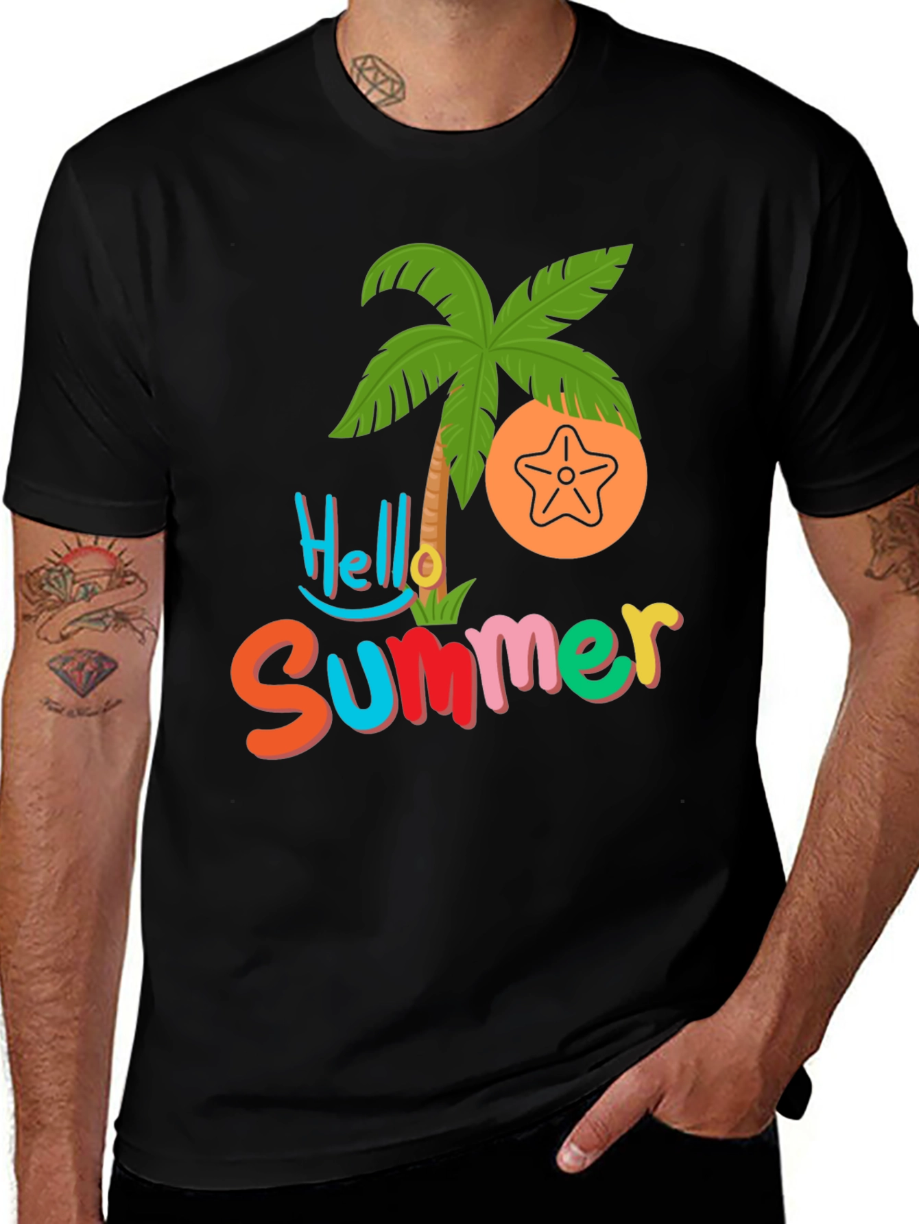 Variant 25 of Hello Summer T-Shirt - Tropical Palm & Starfish Design