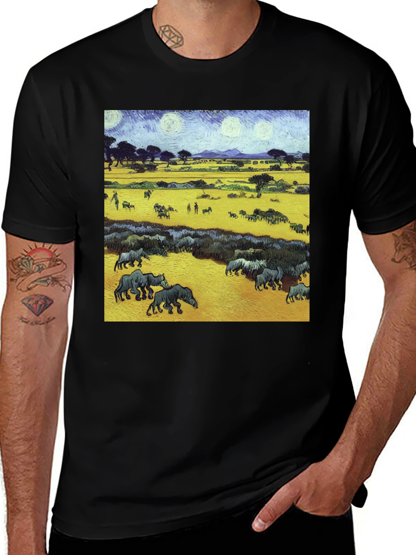 Variant 4 of Artistic Wildlife Tee: Painterly Rhino Scene