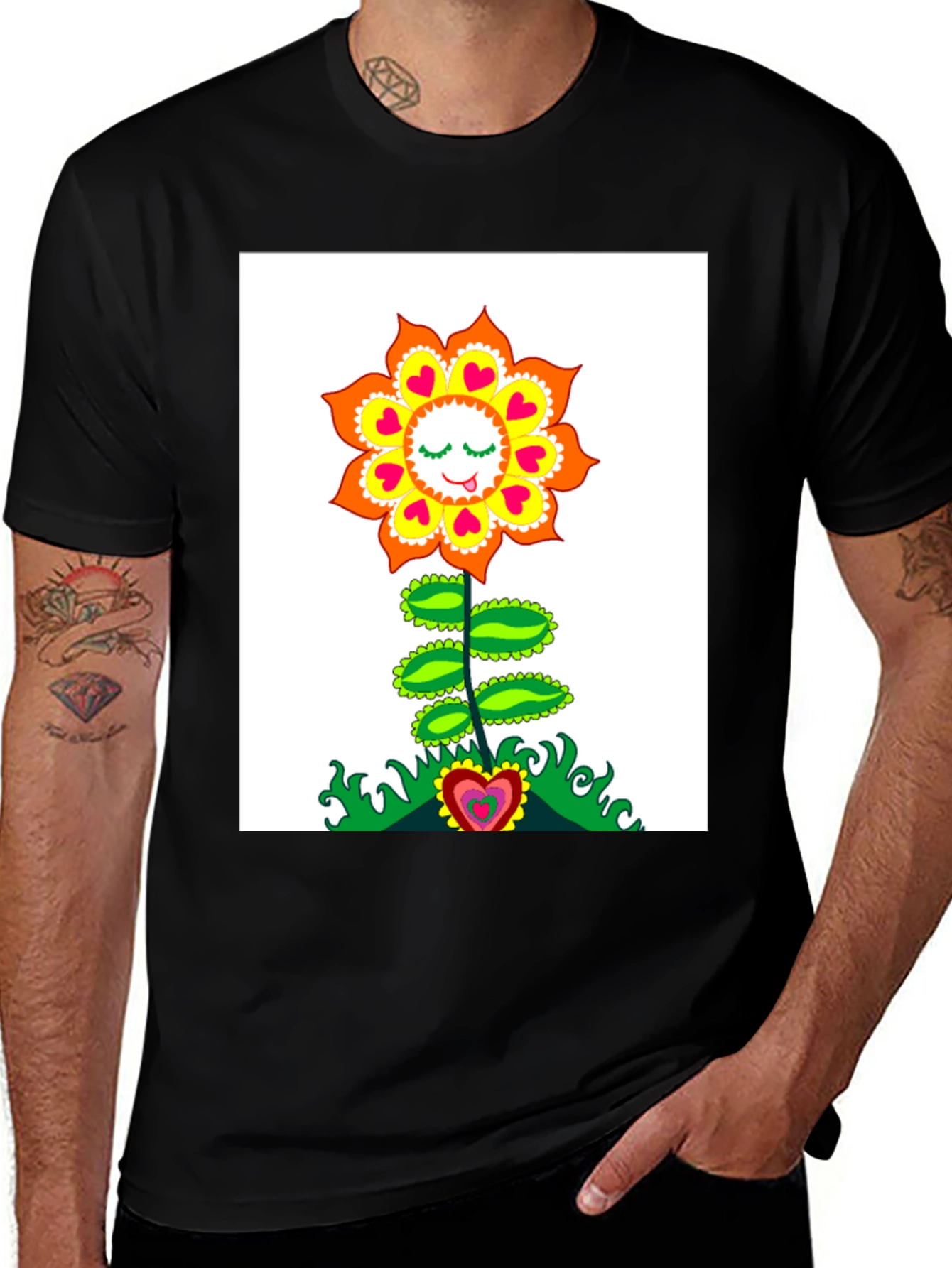 Groovy Heart Flower Graphic Tee - Black