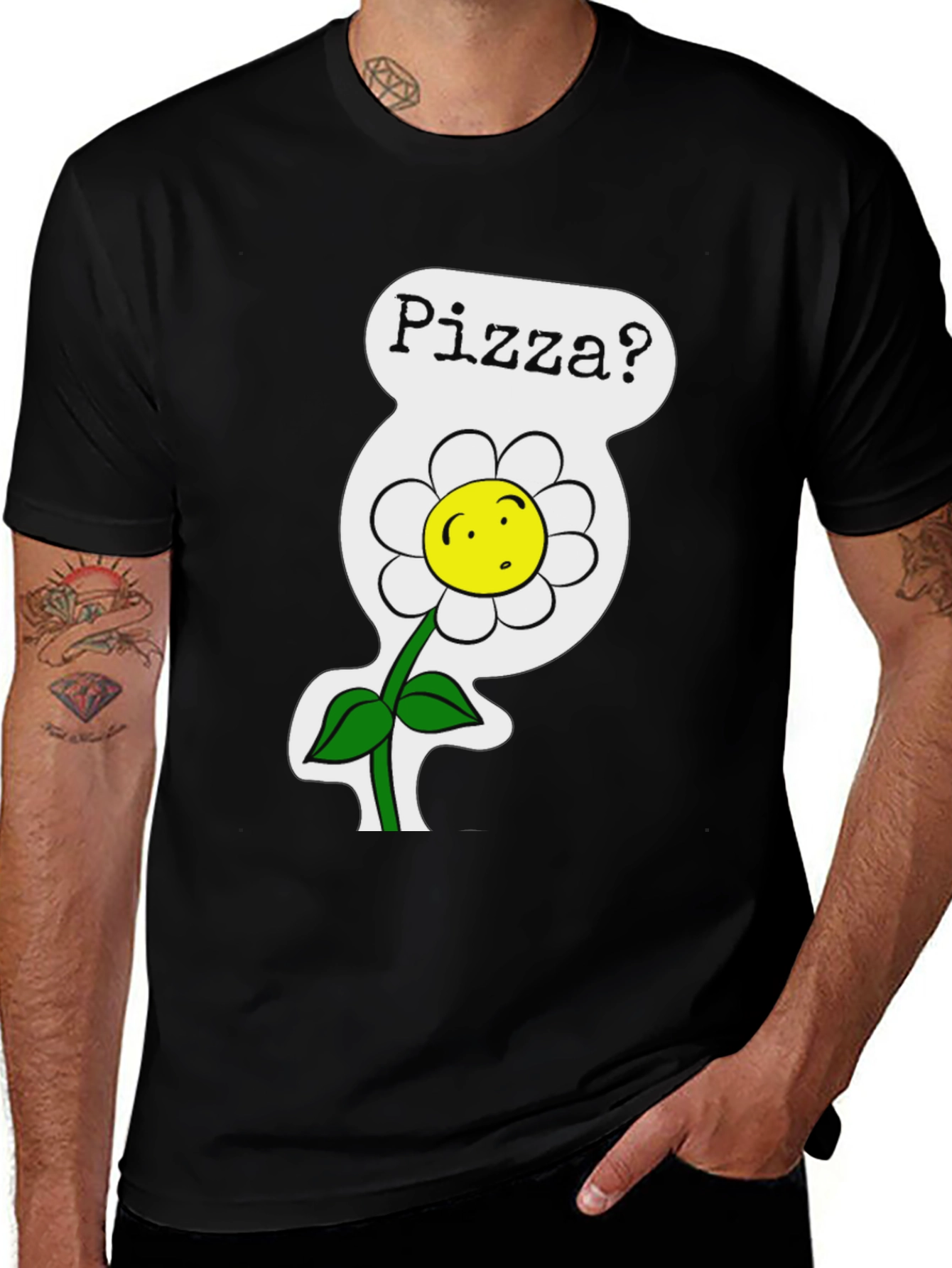 Variant 28 of Pizza Flower Graphic Tee - Black Cotton Shirt