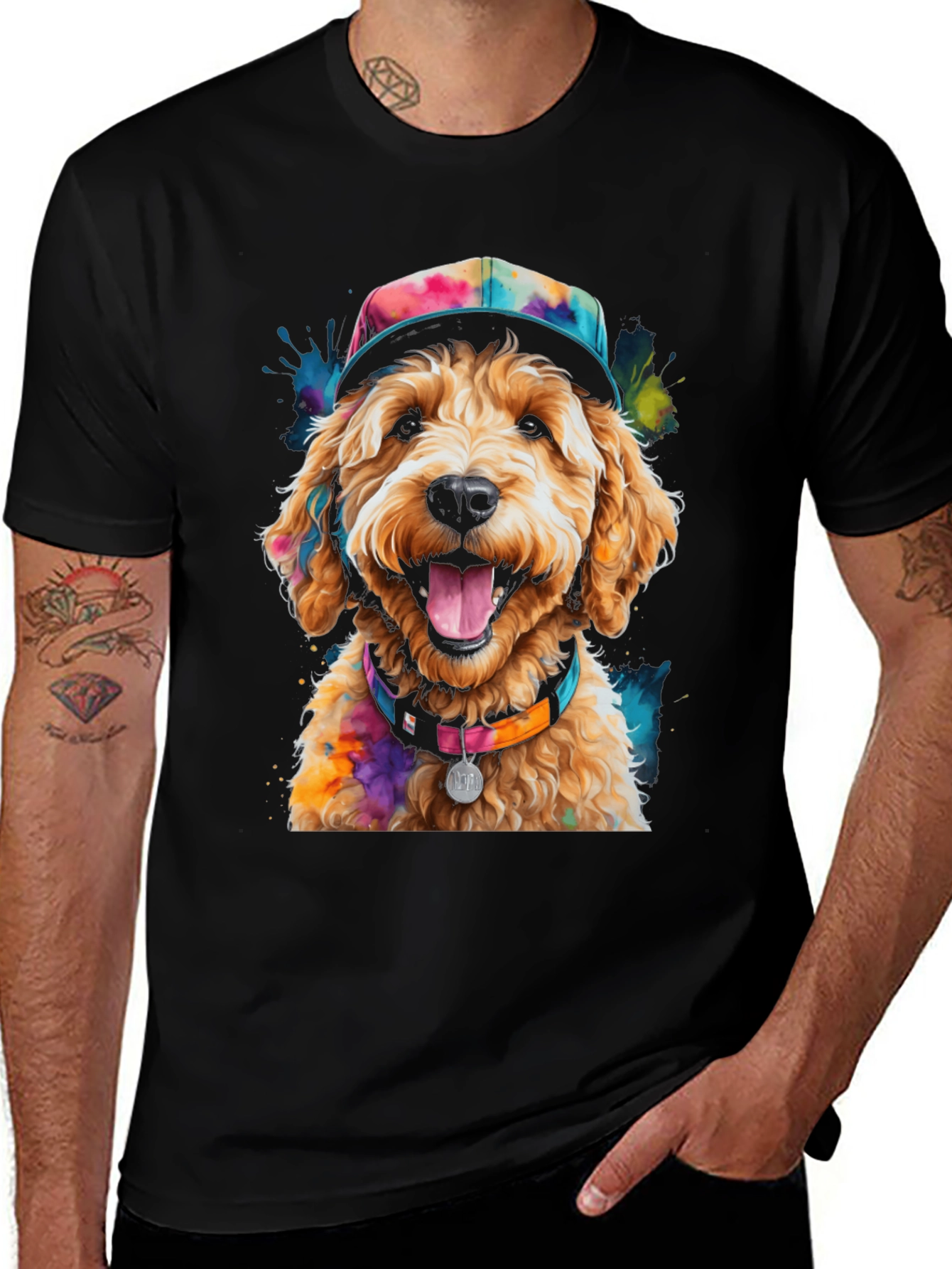 Variant 14 of Dog Lover Tee: Doodle with Colorful Hat