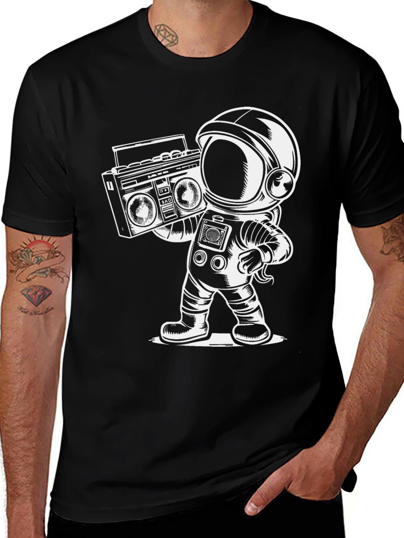 Variant 18 of Astronaut Boombox Graphic T-Shirt - Black Crew Neck Tee