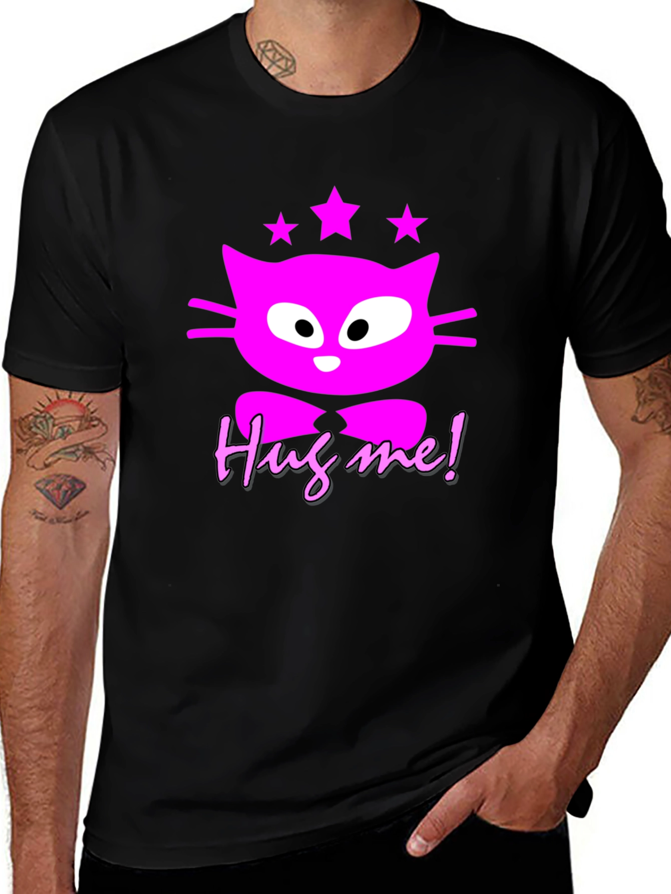 Hug Me Cat Graphic Tee - Black Cotton T-Shirt