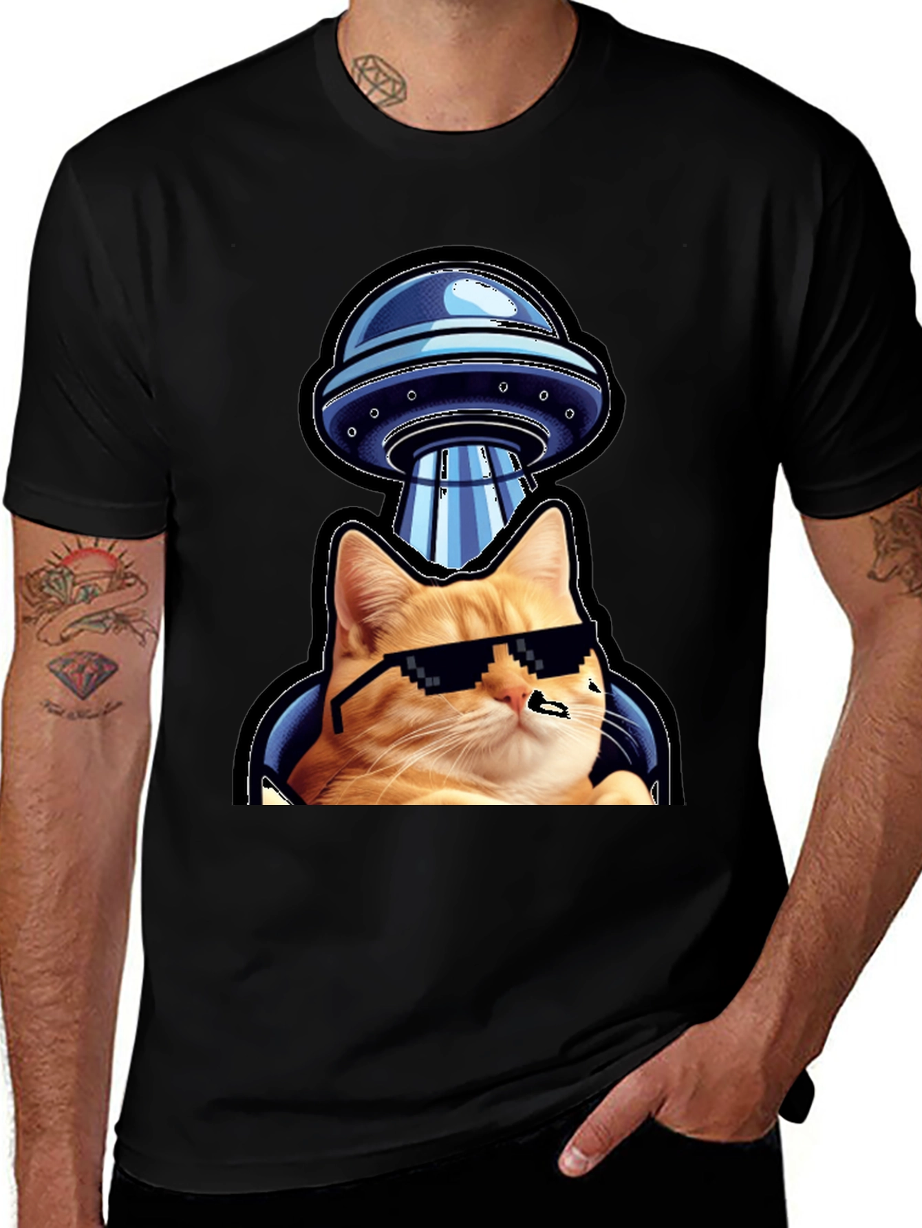Variant 7 of Cool Cat UFO Abduction Black T-Shirt