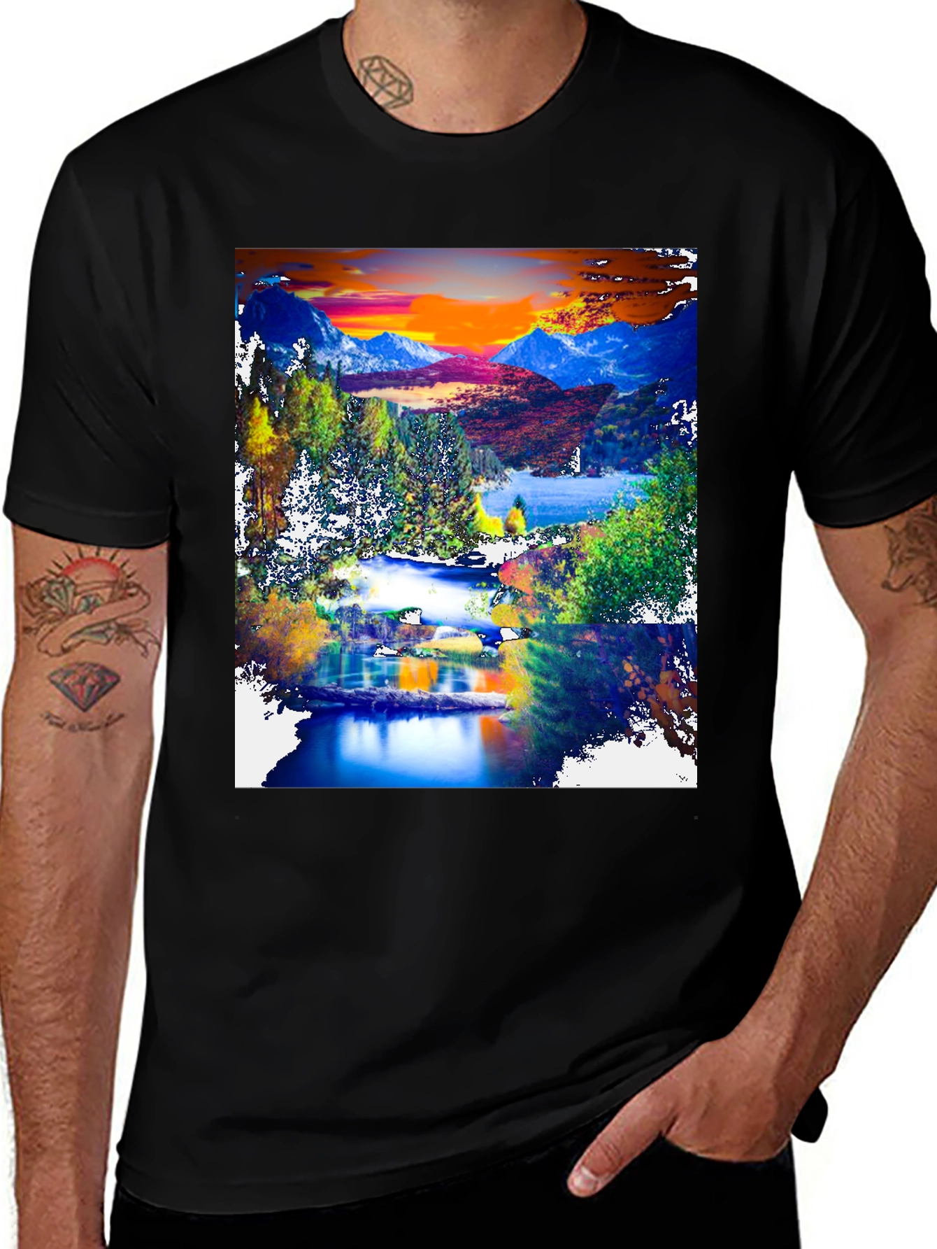 Black Nature's Canvas Tee: Mountain Lake Design main image