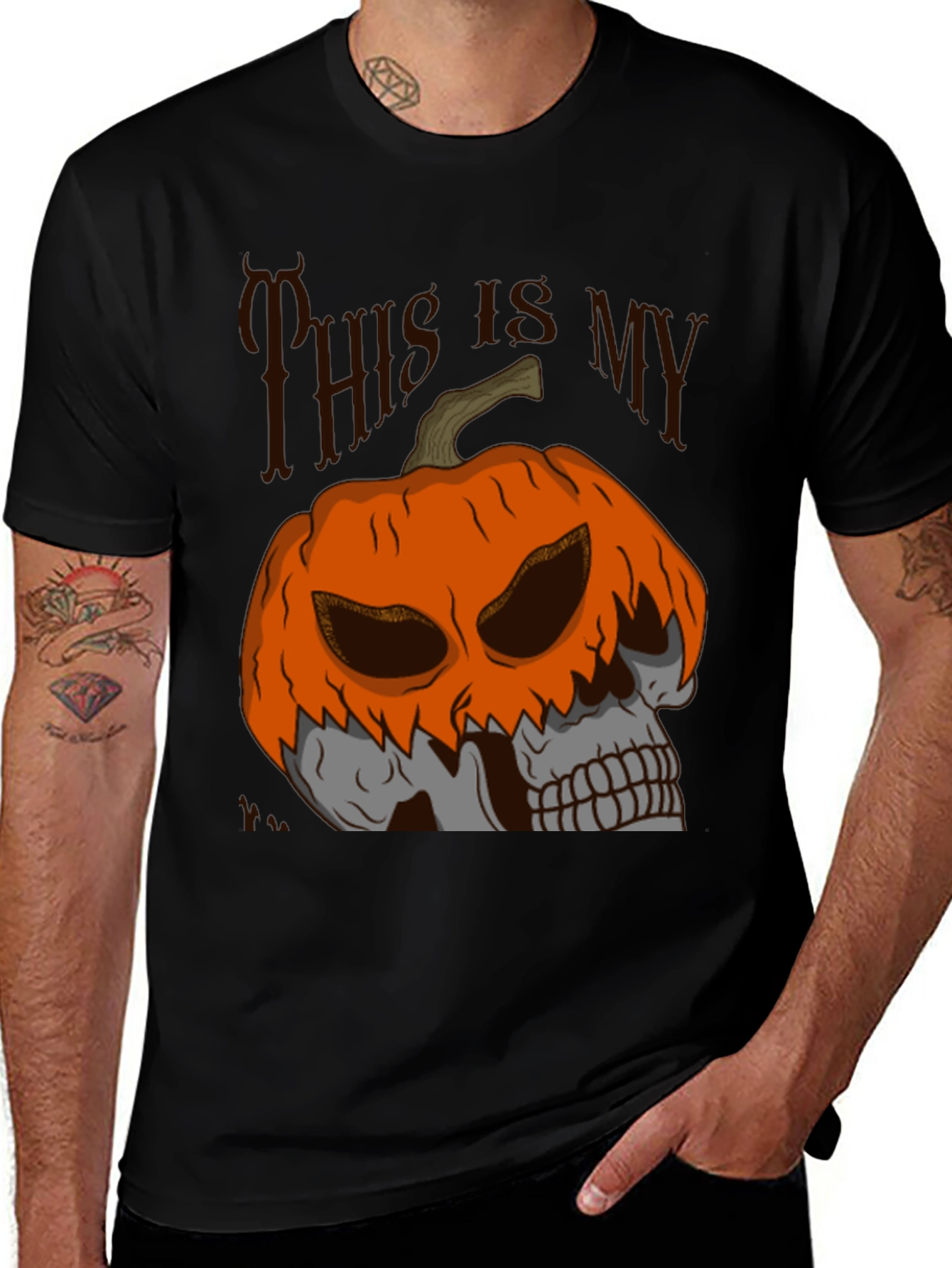 Variant 6 of Halloween Pumpkin Skull Graphic Tee - Black