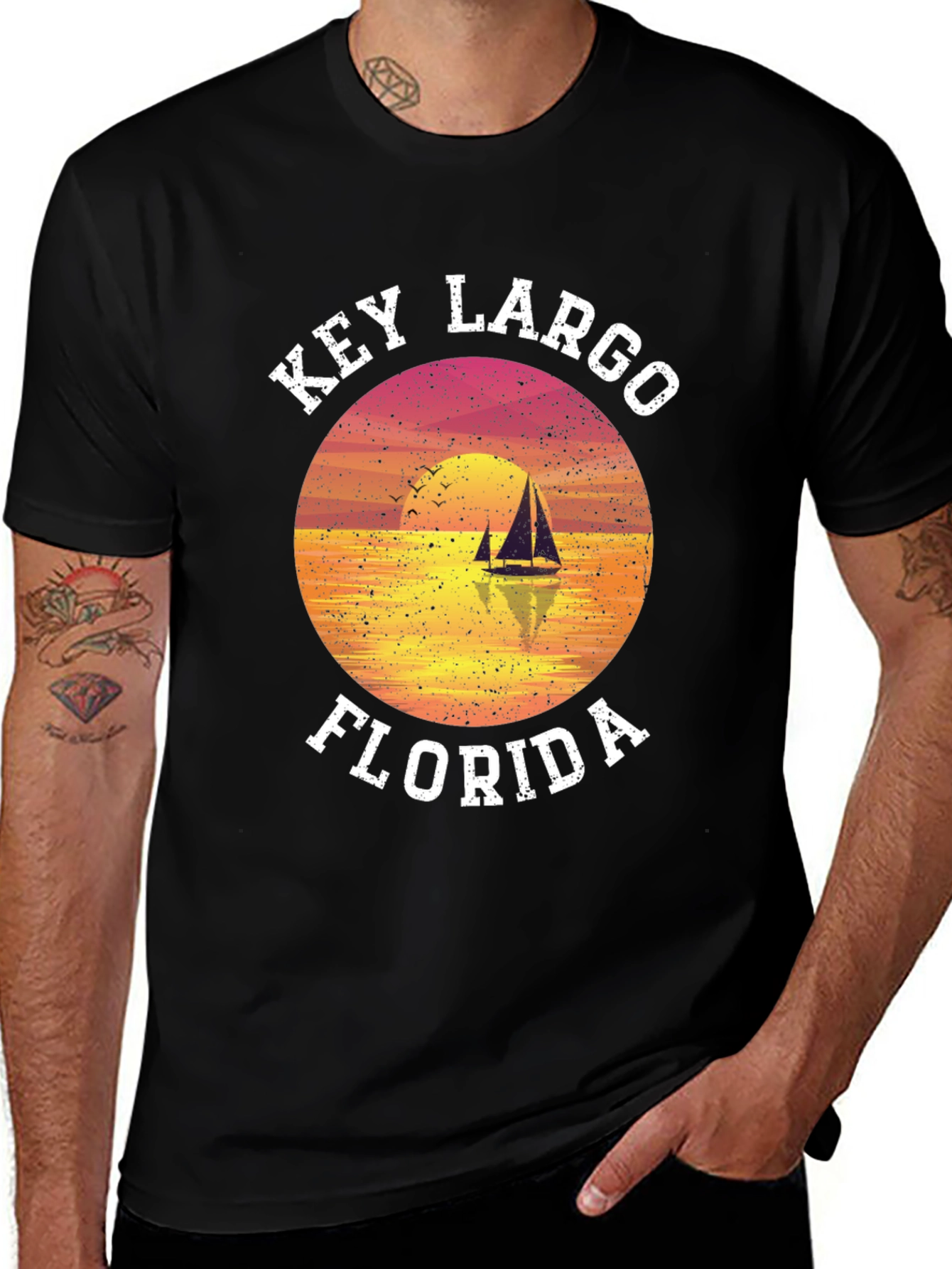 Key Largo Florida T-Shirt - Retro Sunset Sailboat Tee