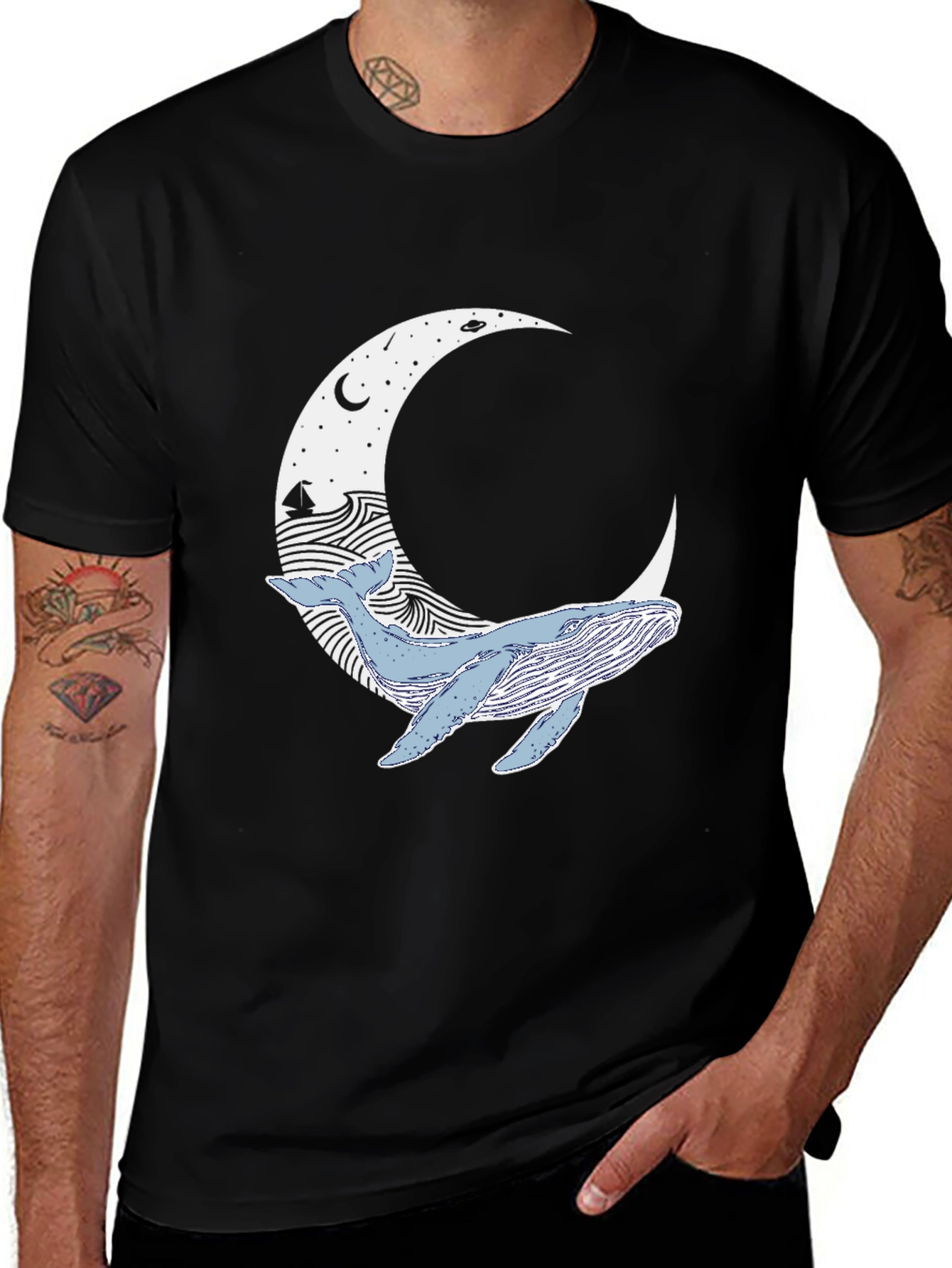 Whale Moon Graphic Tee - Black Casual T-Shirt