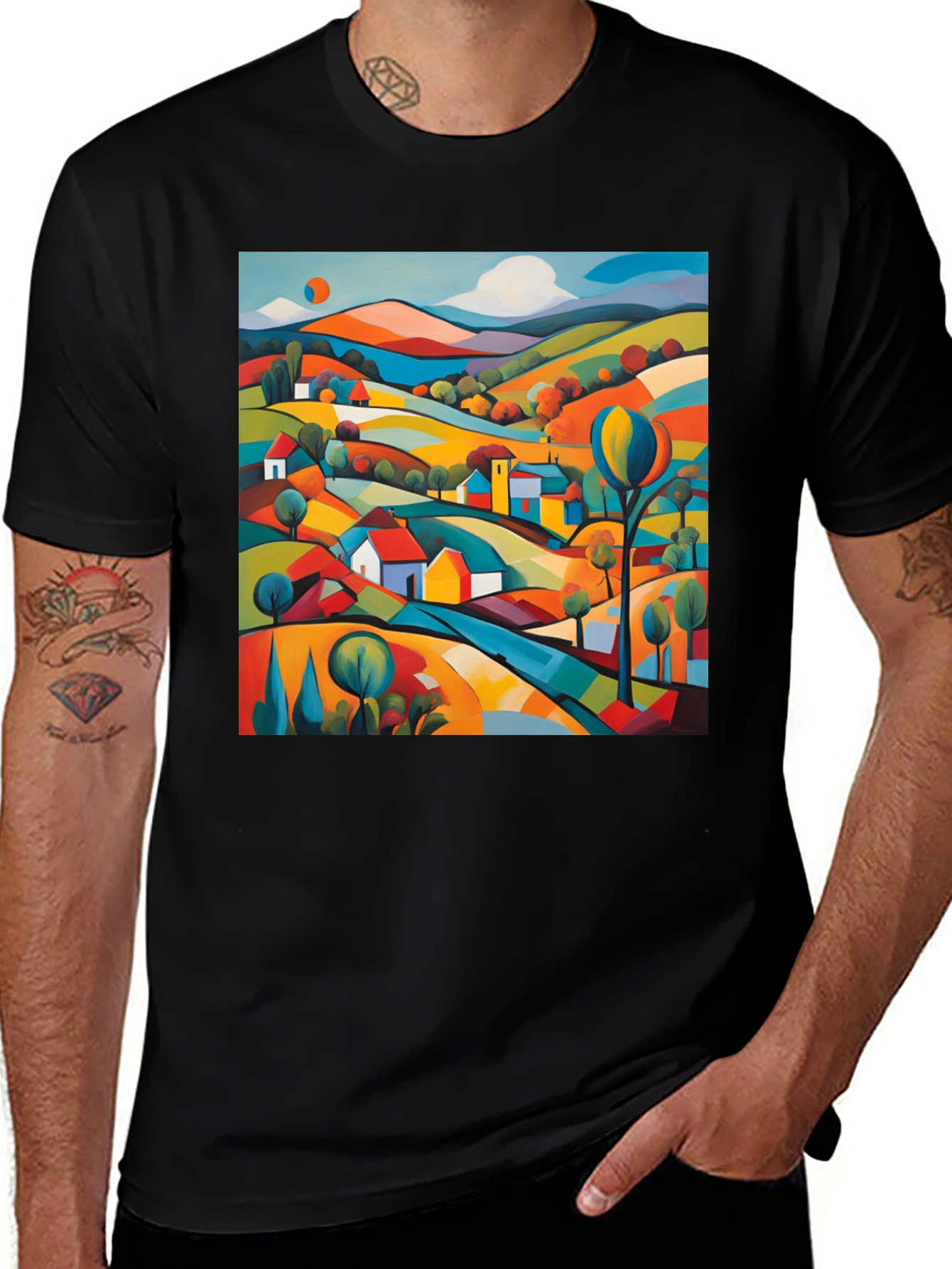 Variant 9 of Abstract Village Landscape Graphic Tee - Modern Art Shirt