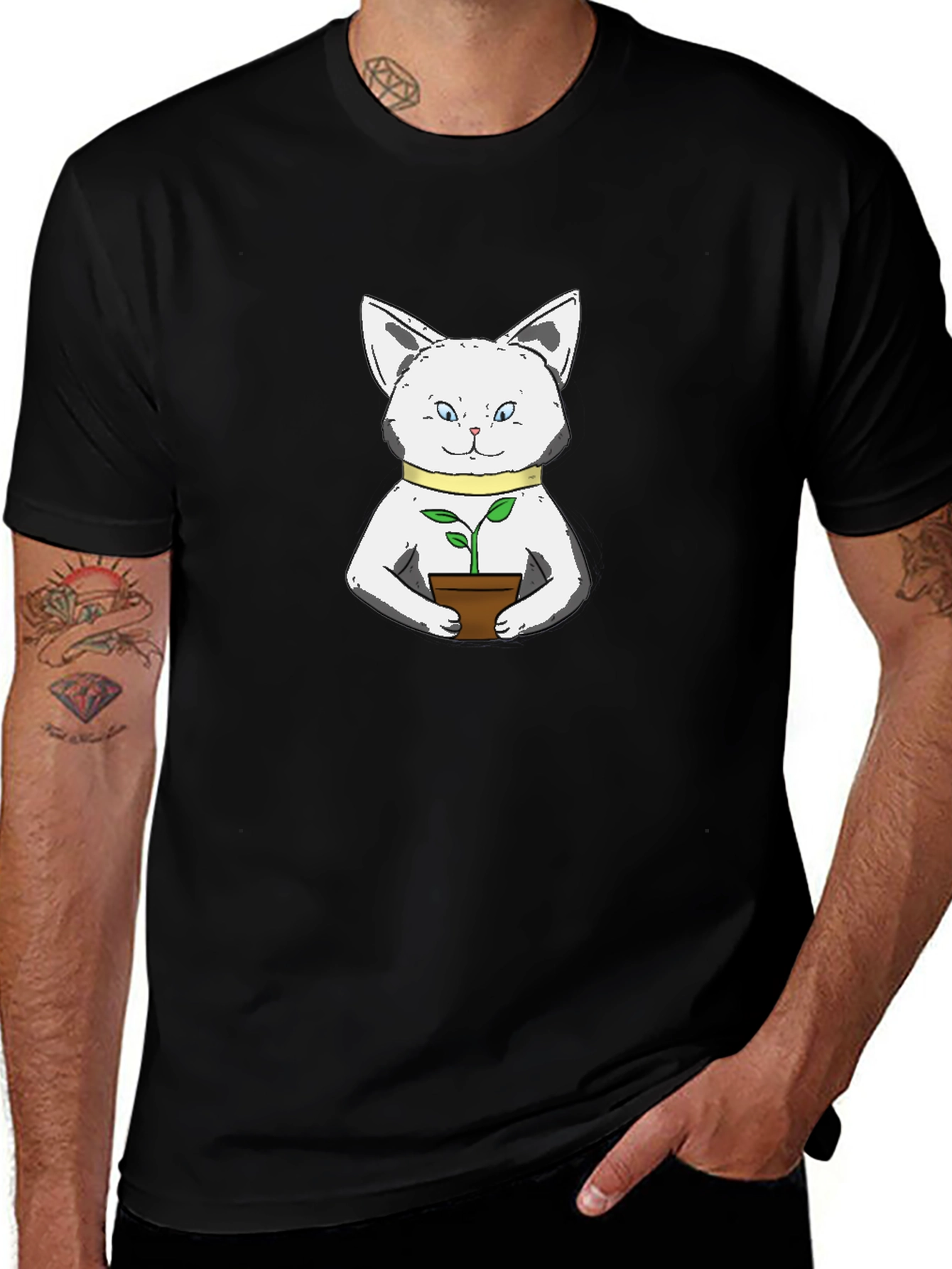 Variant 14 of Cat Holding Plant Graphic Tee - Black