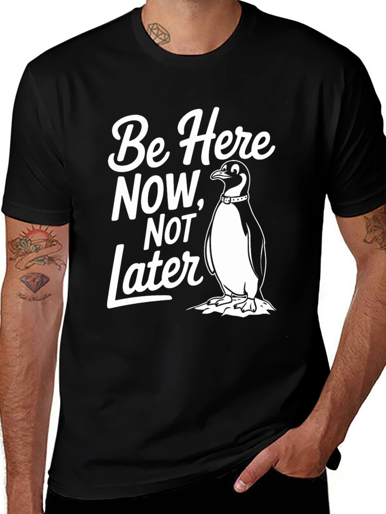 Variant 16 of Be Here Now Penguin Graphic Tee - Black Cotton T-Shirt