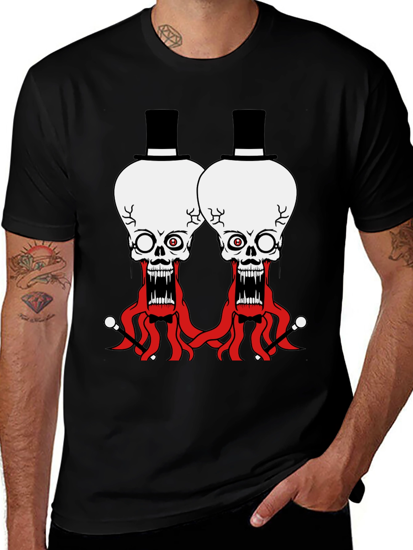 Variant 9 of Skull Octopus Top Hat Graphic Tee - Black