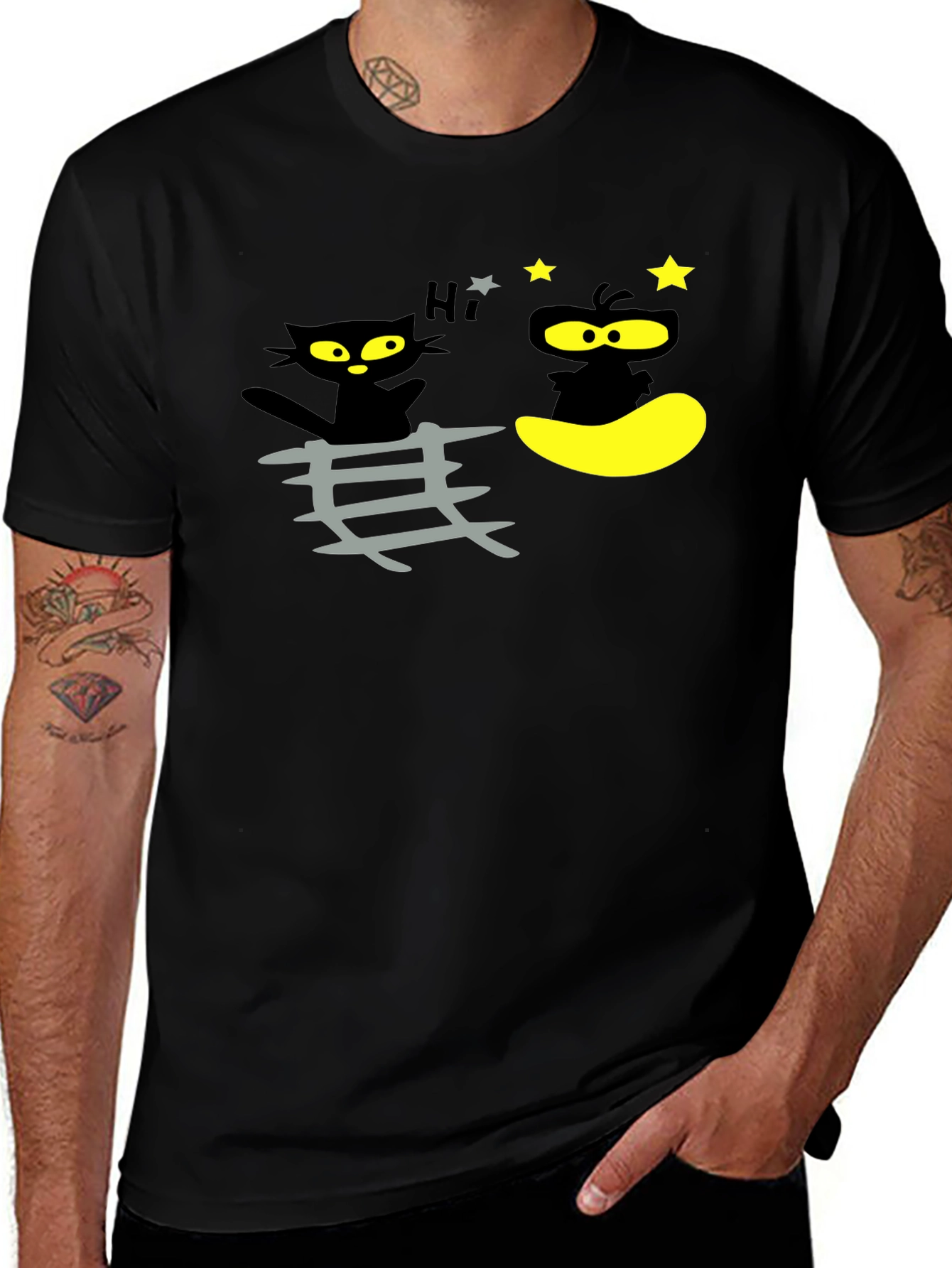 Variant 2 of Cartoon Cat & Moon Black T-Shirt
