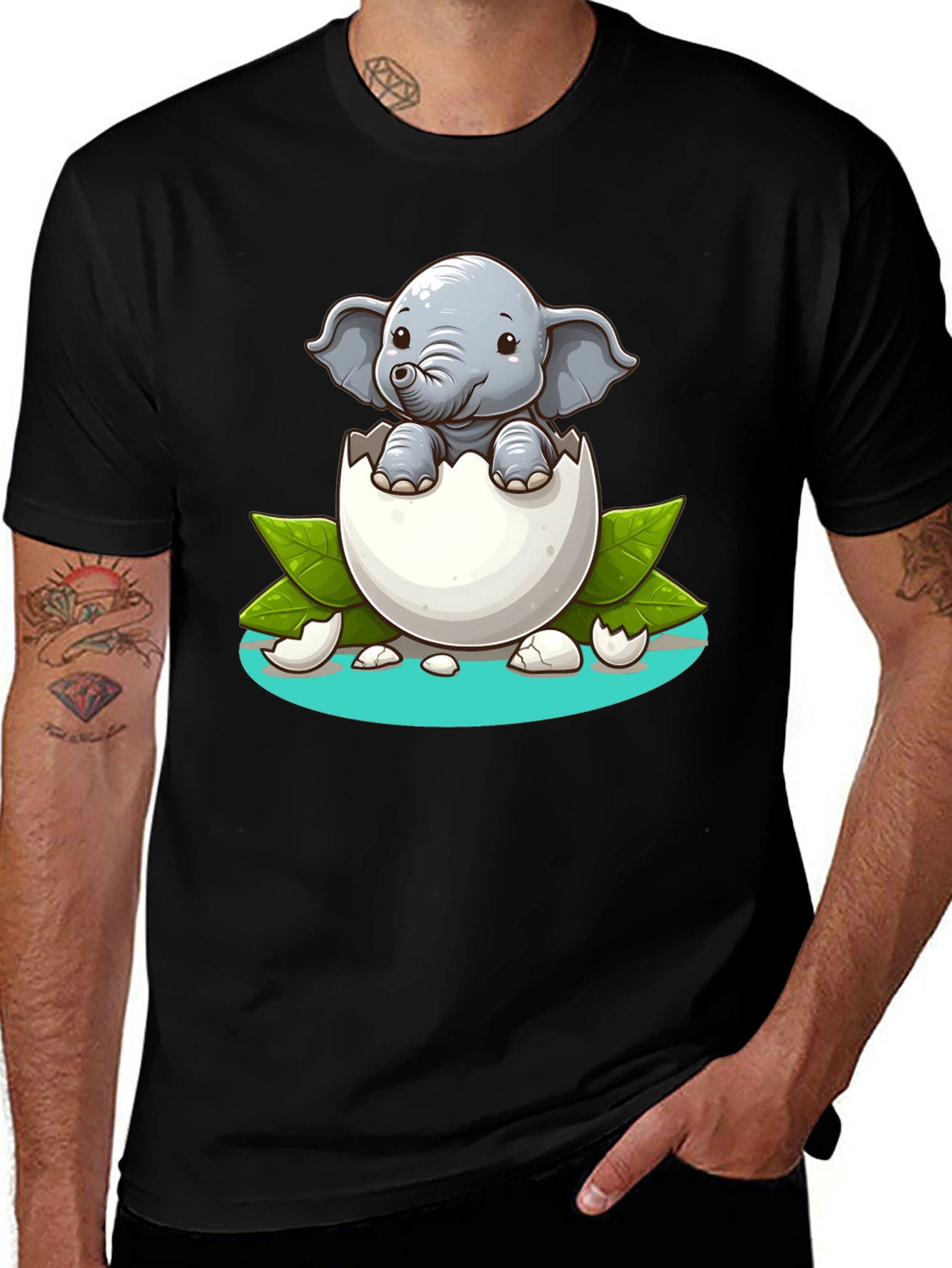 Black Cute Elephant Hatching T-Shirt - Unisex Graphic Tee main image