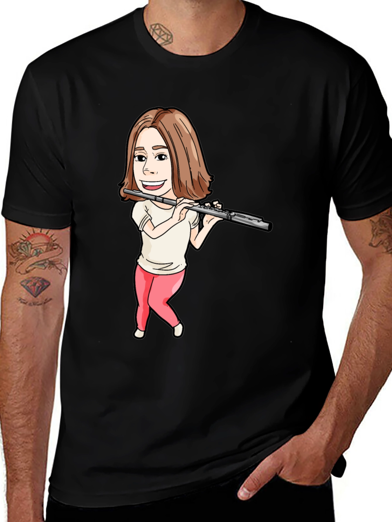Variant 14 of Flute Player Cartoon Black T-Shirt