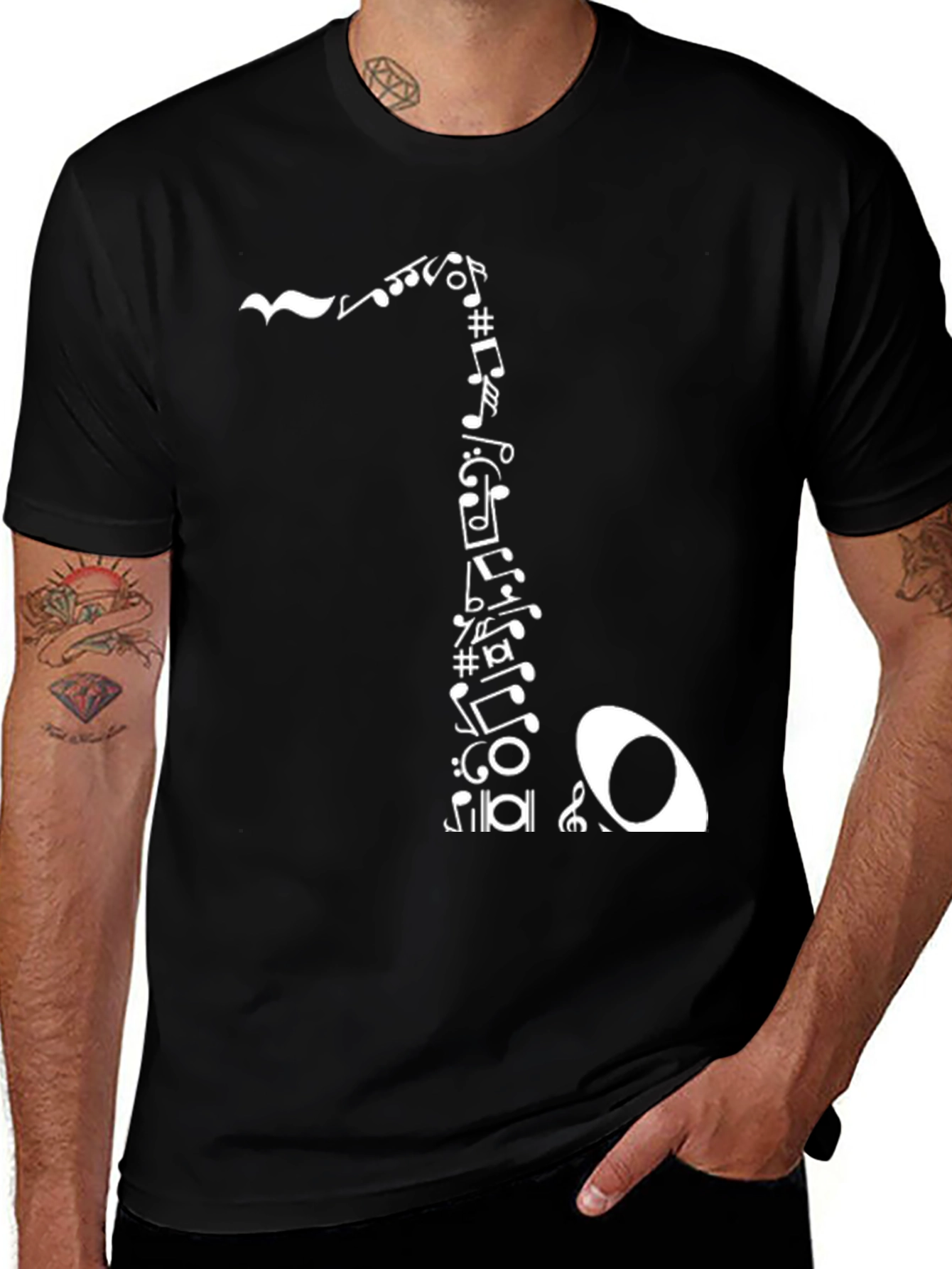 Variant 4 of Music Notes Saxophone Graphic Print Black T-Shirt