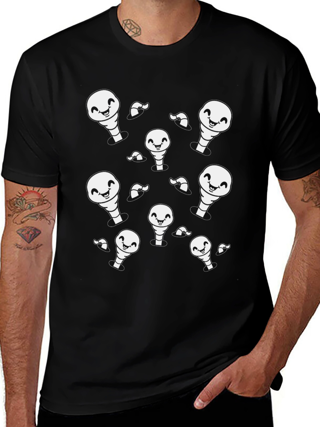 Variant 13 of Cute Worms Patterned Black T-Shirt