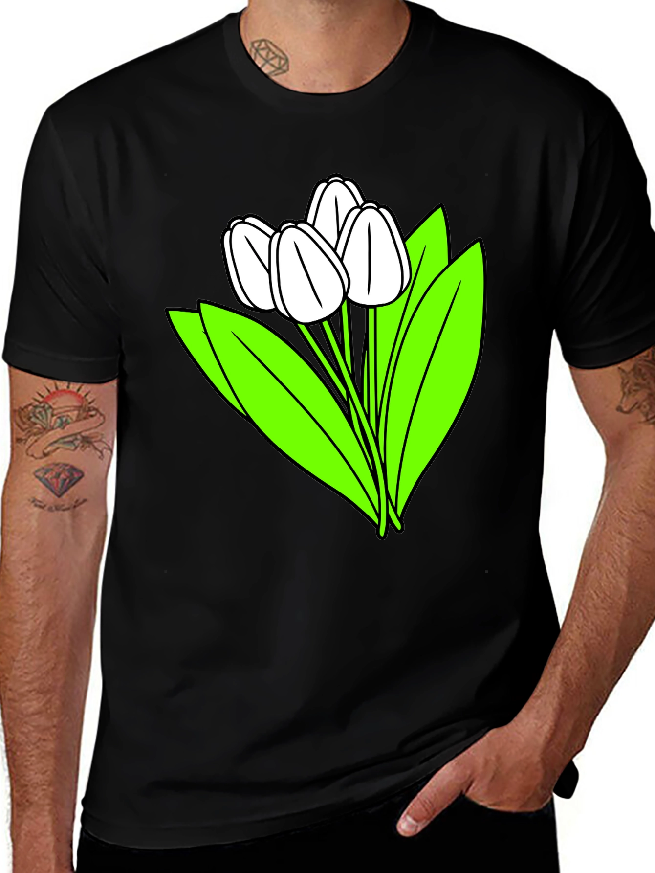 Floral Graphic Tee - White Tulips on Black Cotton