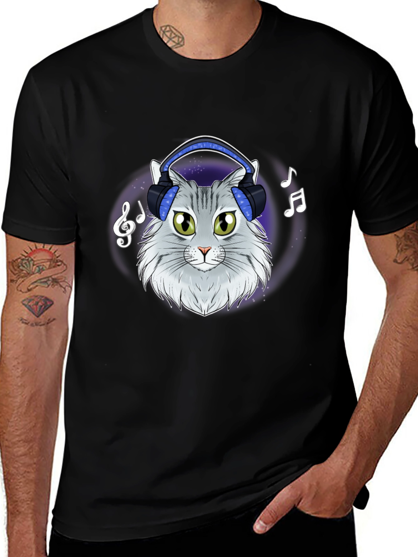 Black Cat DJ T-Shirt - Cool Feline Headphones Music Tee main image