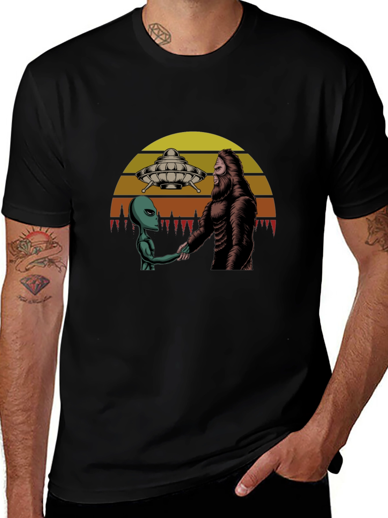 Variant 28 of Alien & Bigfoot Handshake Graphic Tee - Conspiracy T-Shirt