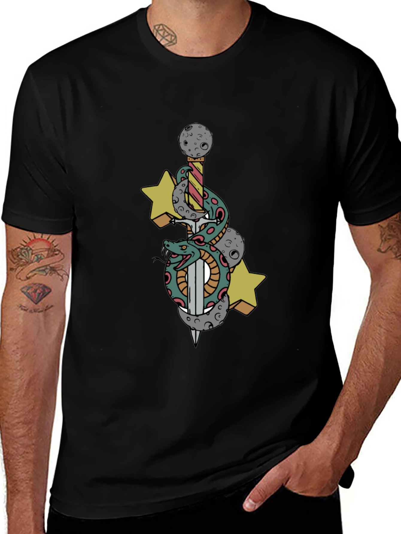 Black T-Shirt with Snake, Sword and Stars Design