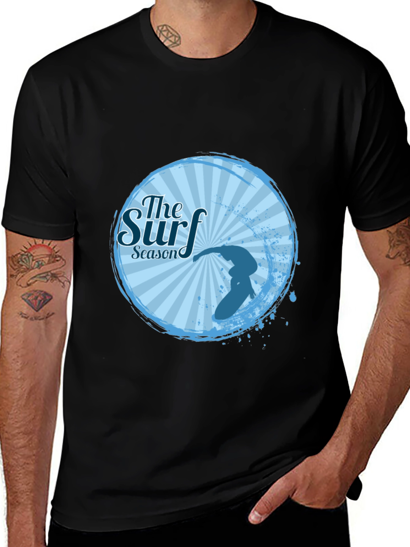 Variant 13 of Surf Season Black T-Shirt Surfer Design