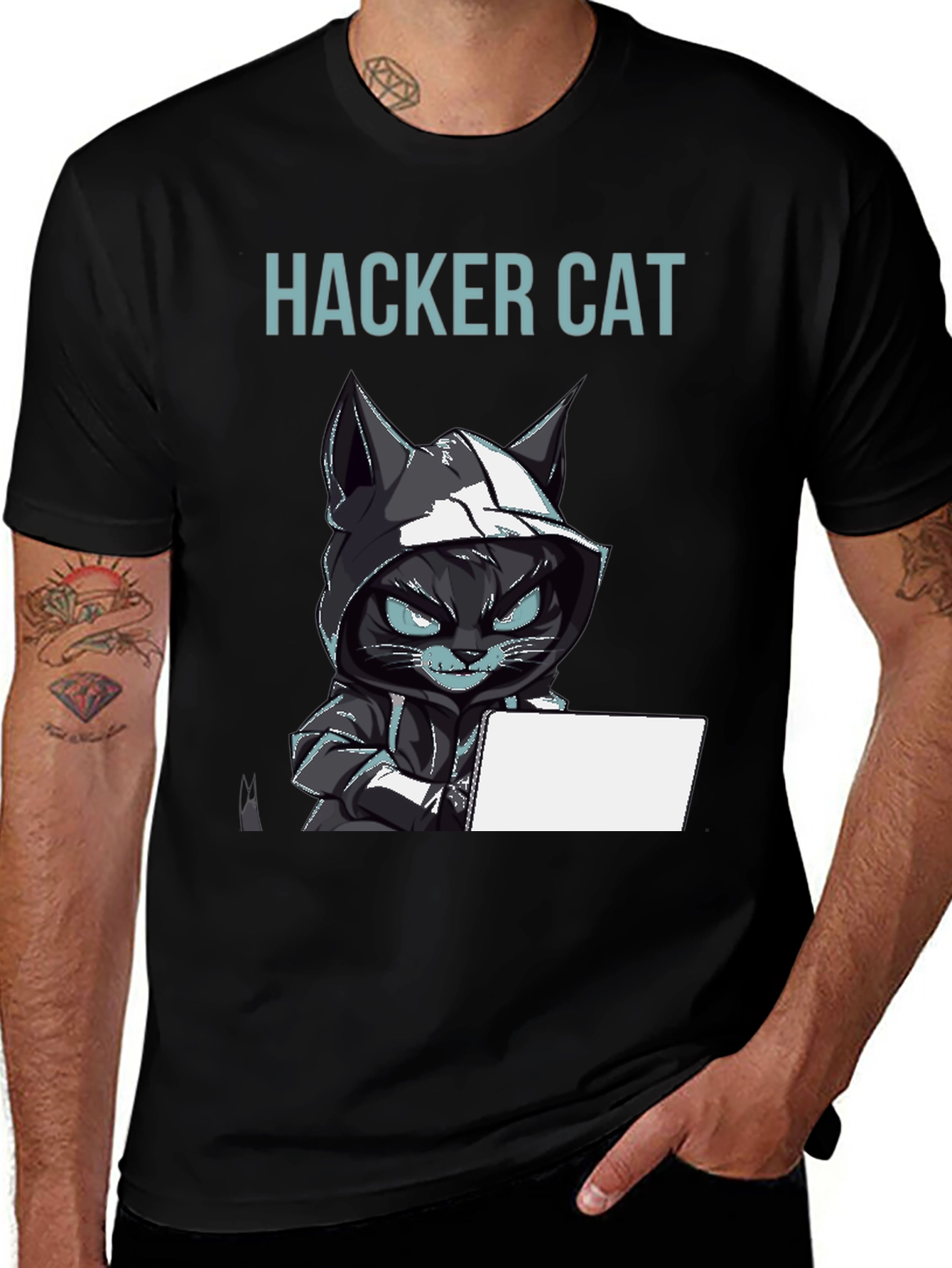 Hacker Cat Graphic T-Shirt - Black Tee