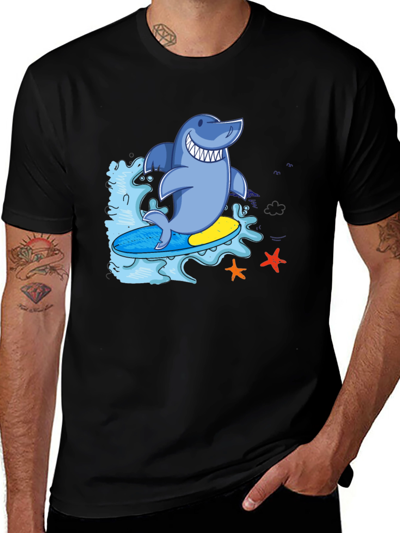 Variant 9 of Surfing Shark T-Shirt - Black, Cool Graphic Tee