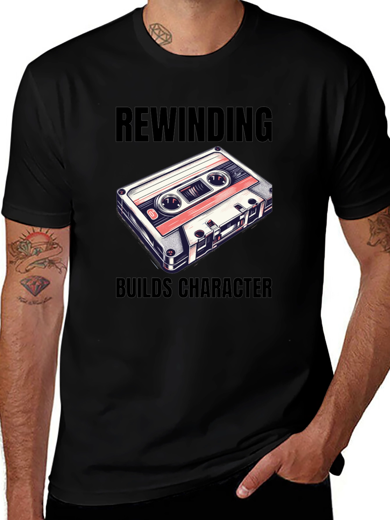 Variant 19 of Rewinding Builds Character T-Shirt - Retro Cassette Tee