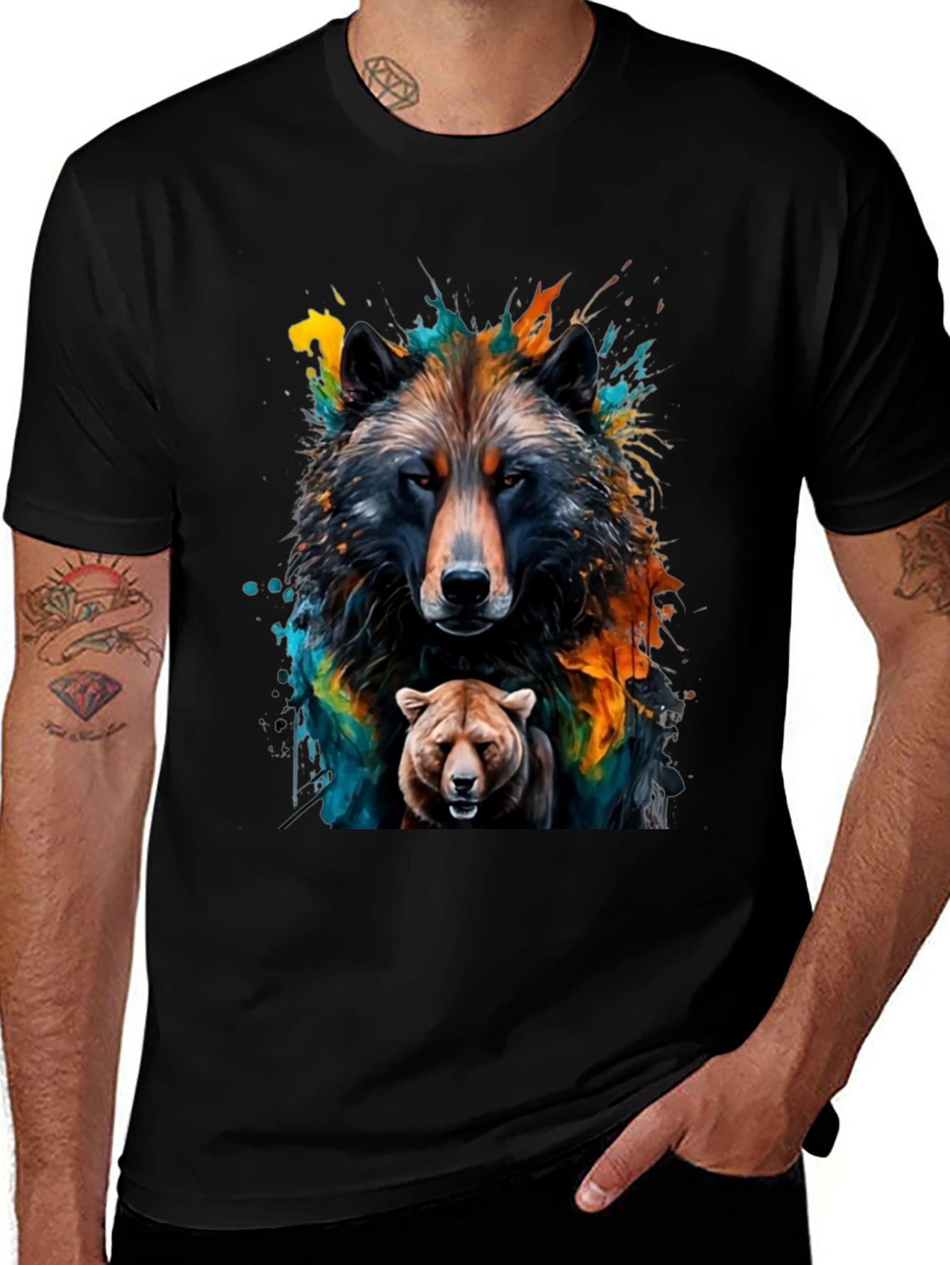 Variant 17 of Wolf and Bear Graphic Black Tee
