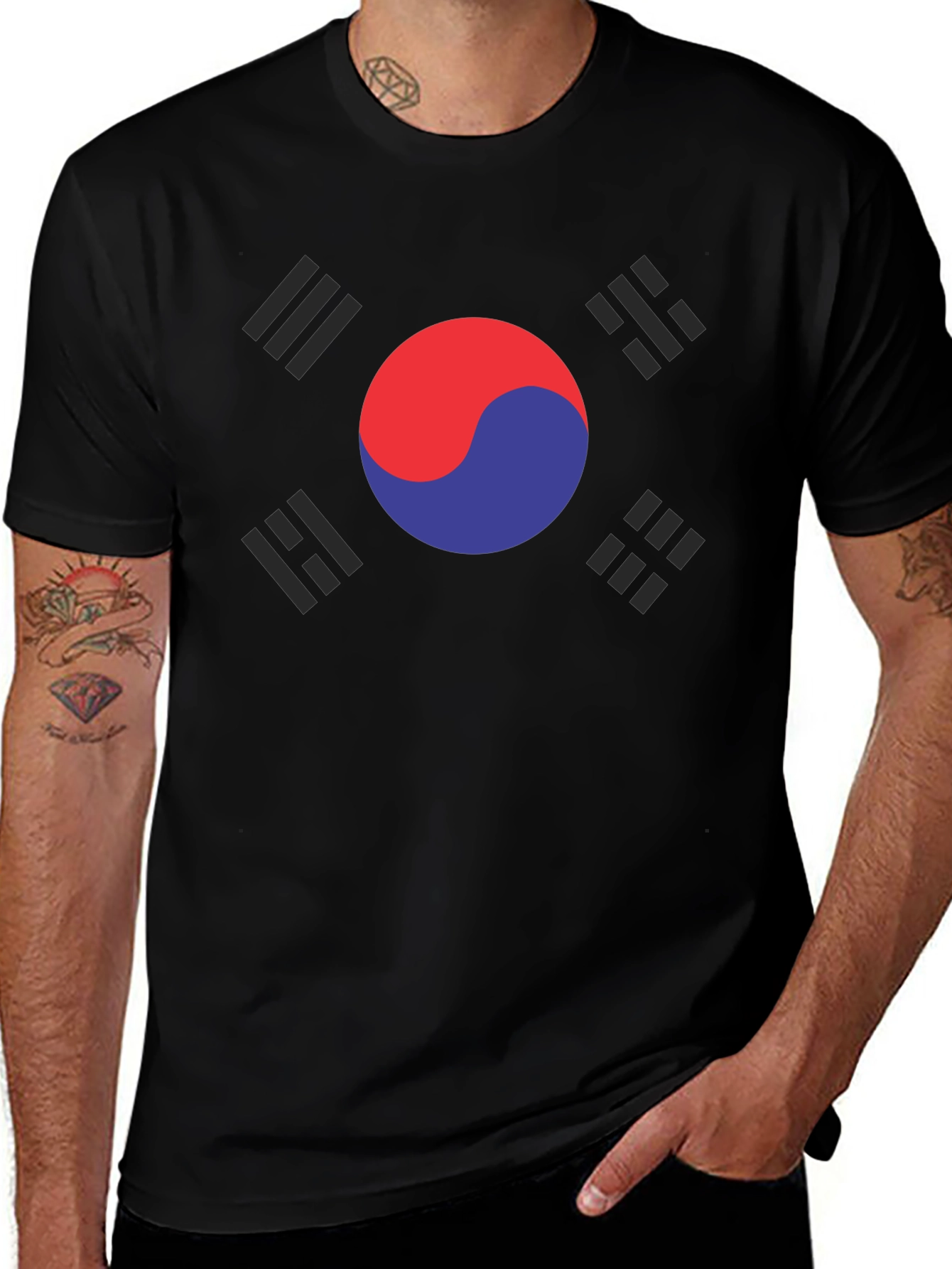 South Korea Flag Graphic Tee - Black Cotton T-Shirt