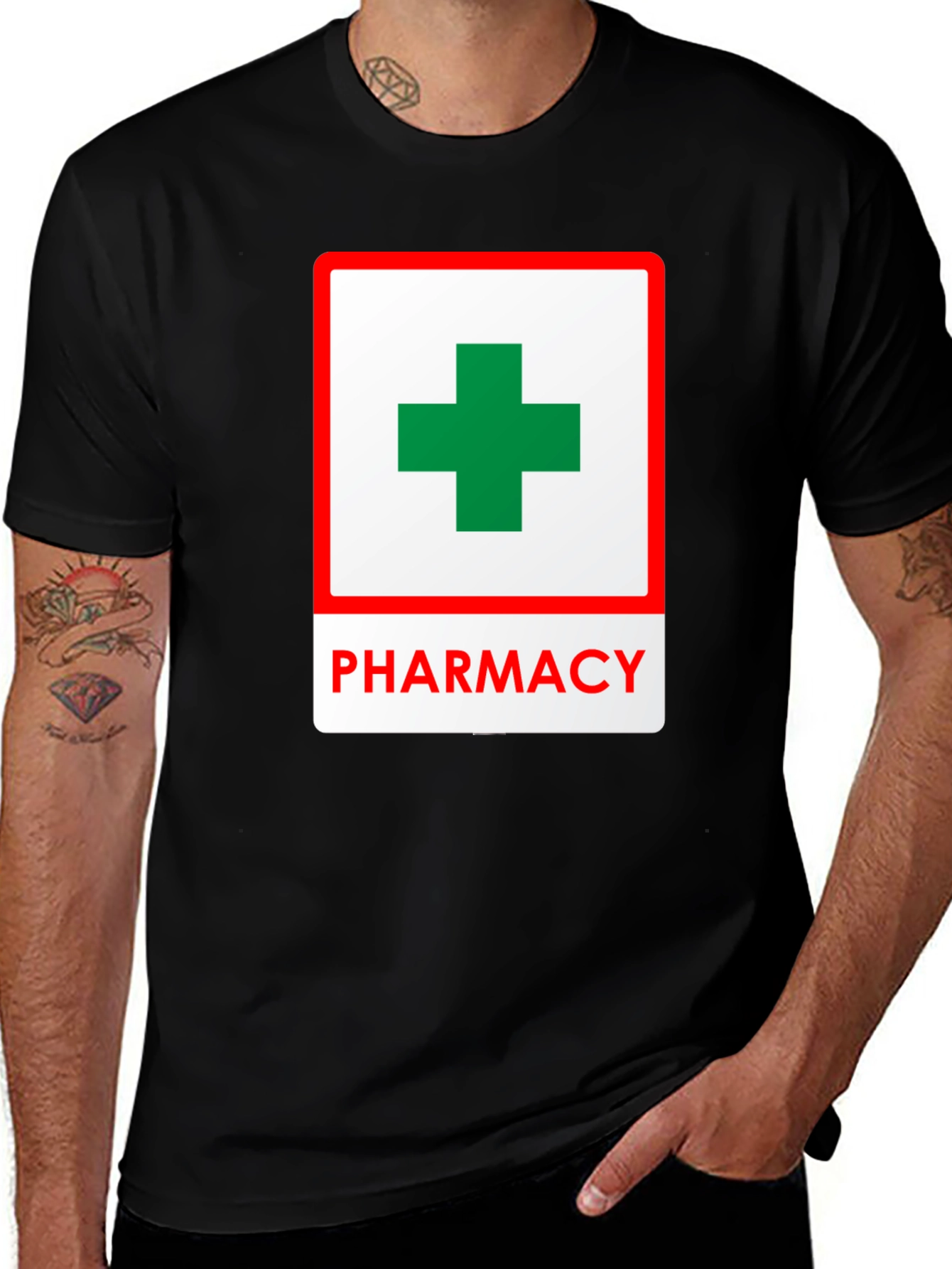 Pharmacy T-Shirt with Green Cross Symbol