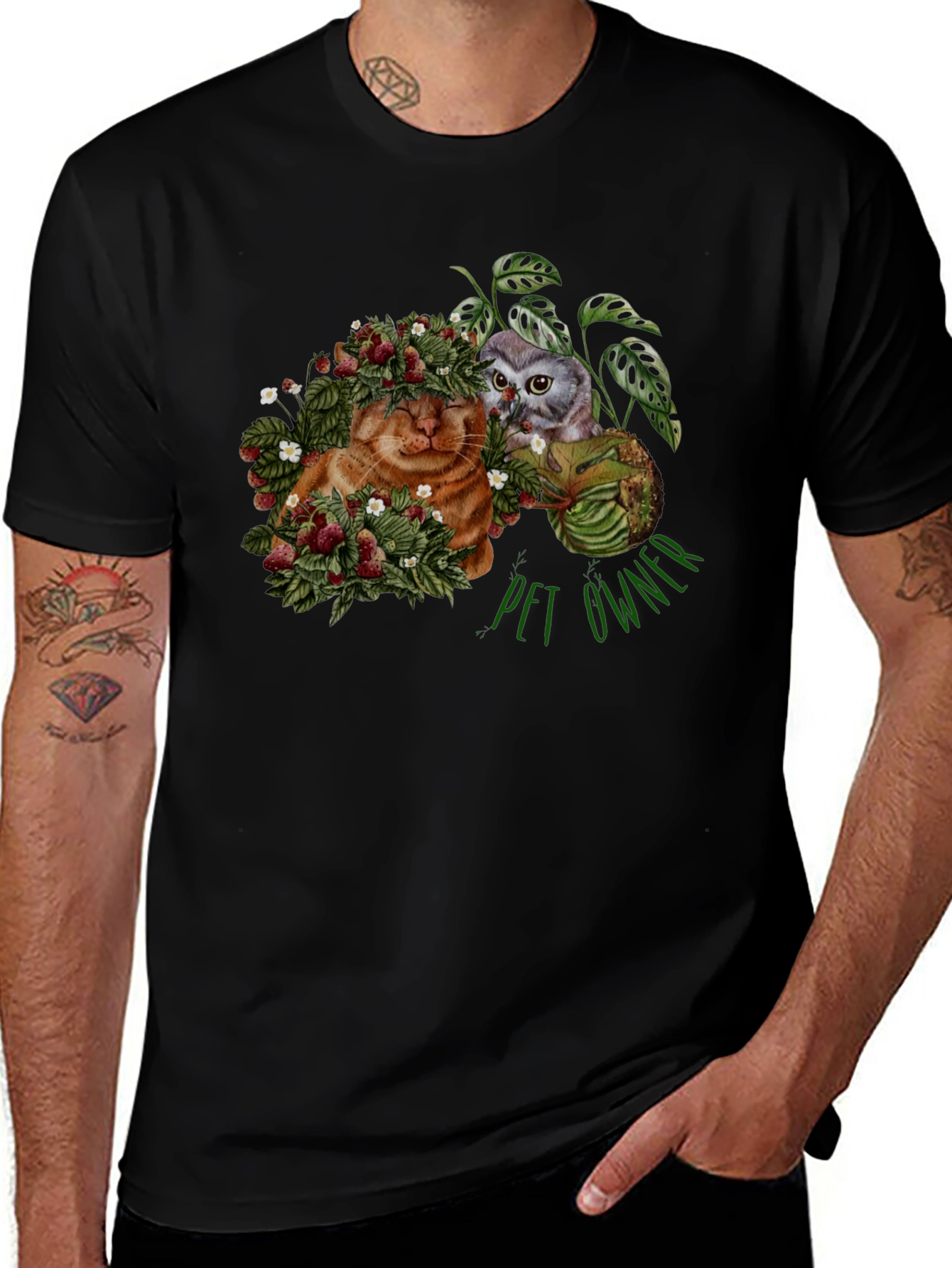 Pet Owner T-Shirt with Cat, Owl, and Strawberries Design