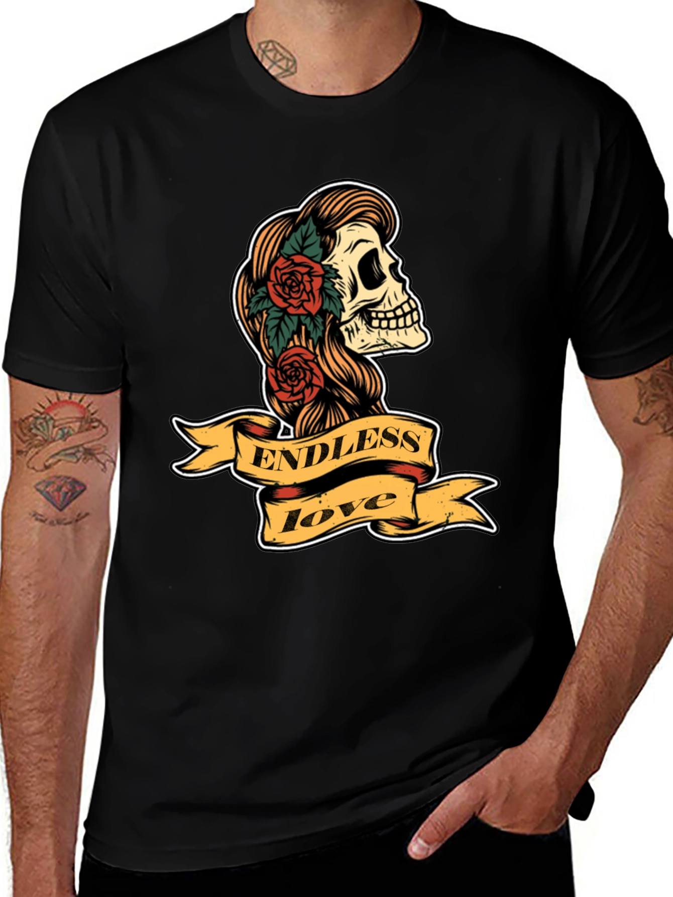 Variant 26 of Endless Love Skull & Roses Graphic Tee - Black Cotton Shirt