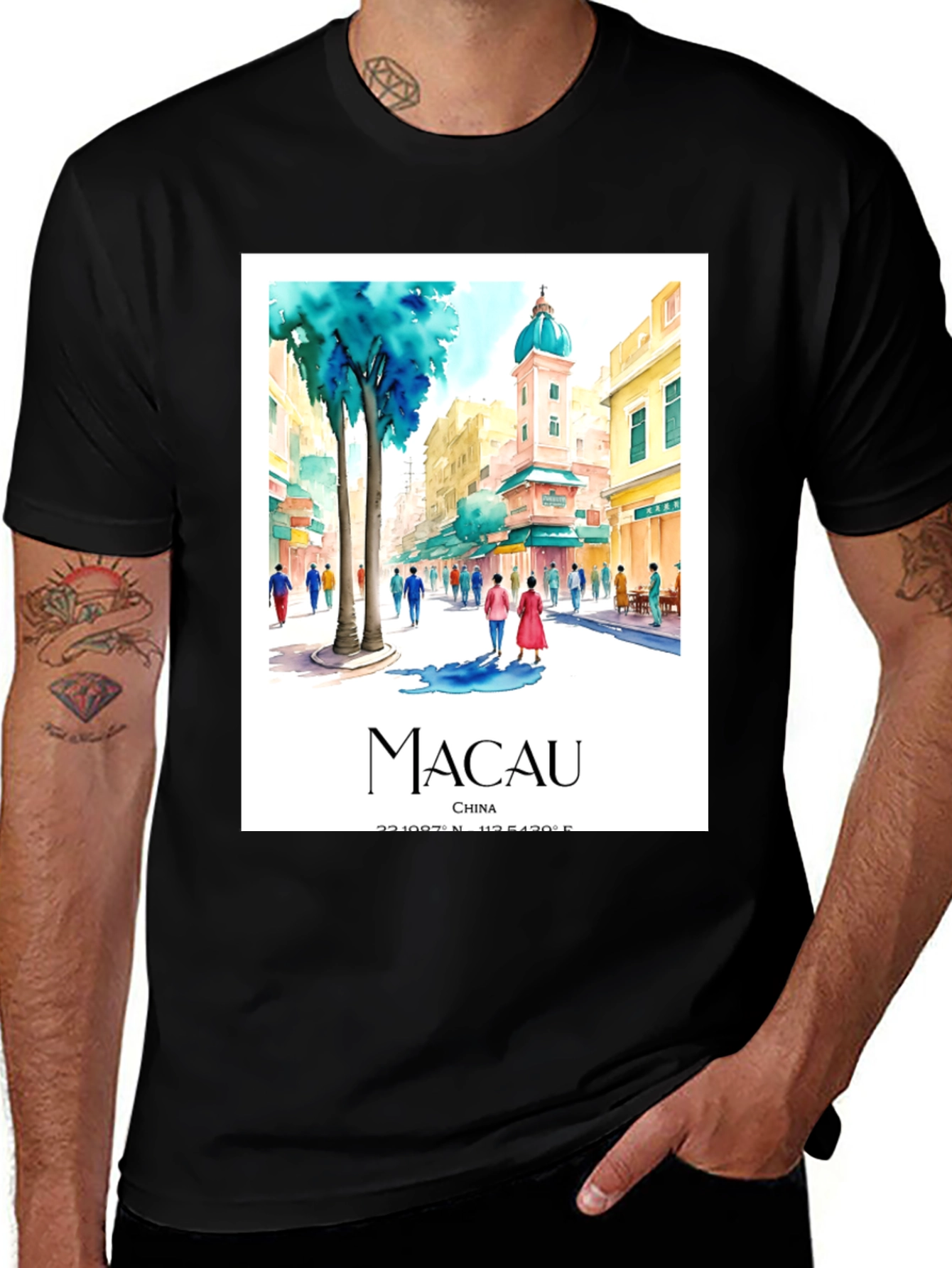 Macau China Watercolor Art Men's T-Shirt