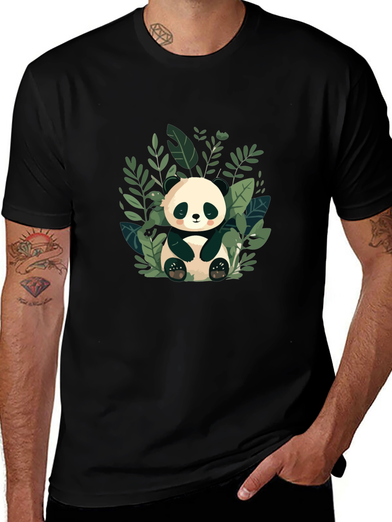 Variant 13 of Cute Panda in Leaves Black T-Shirt