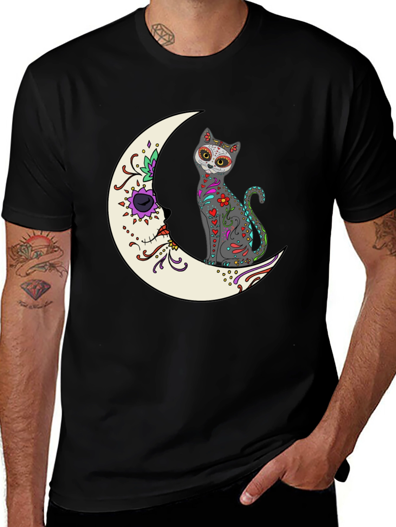 Sugar Skull Cat on Moon Graphic Tee